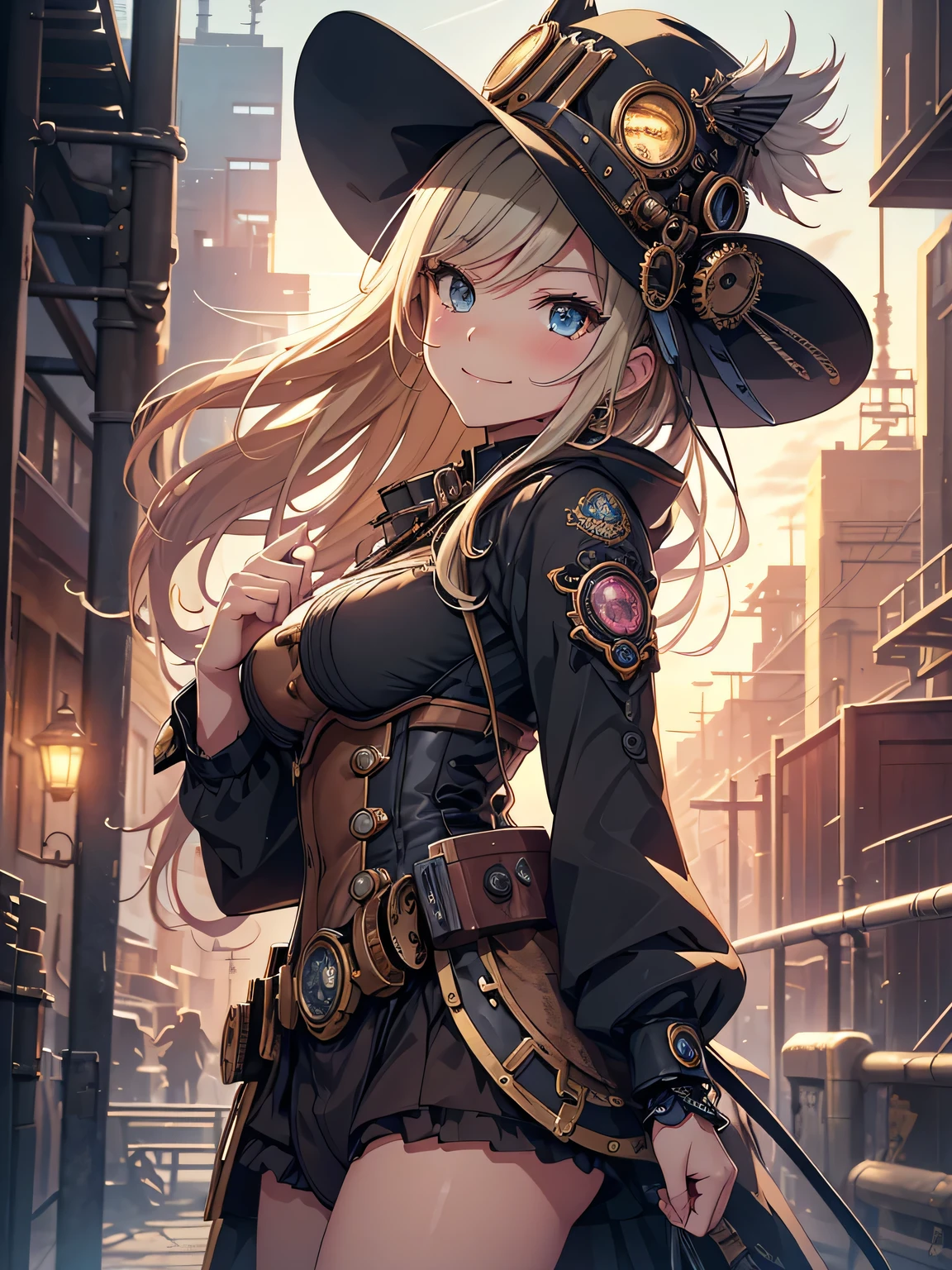 (Line art_anime),(Cowboy Shot,Low Angle, highest quality, ),(Laura Budd Photos:1.2),(Laura Add details:1.0),8k, Flat Color:0.8,1 girl,smile,(Highly decorative and complex mechanical steampunk fashion, Lace flare dolphin hat、goggleachinery background、Gear background、An elaborately mechanized steampunk cityscape 1.5),Cute pose,