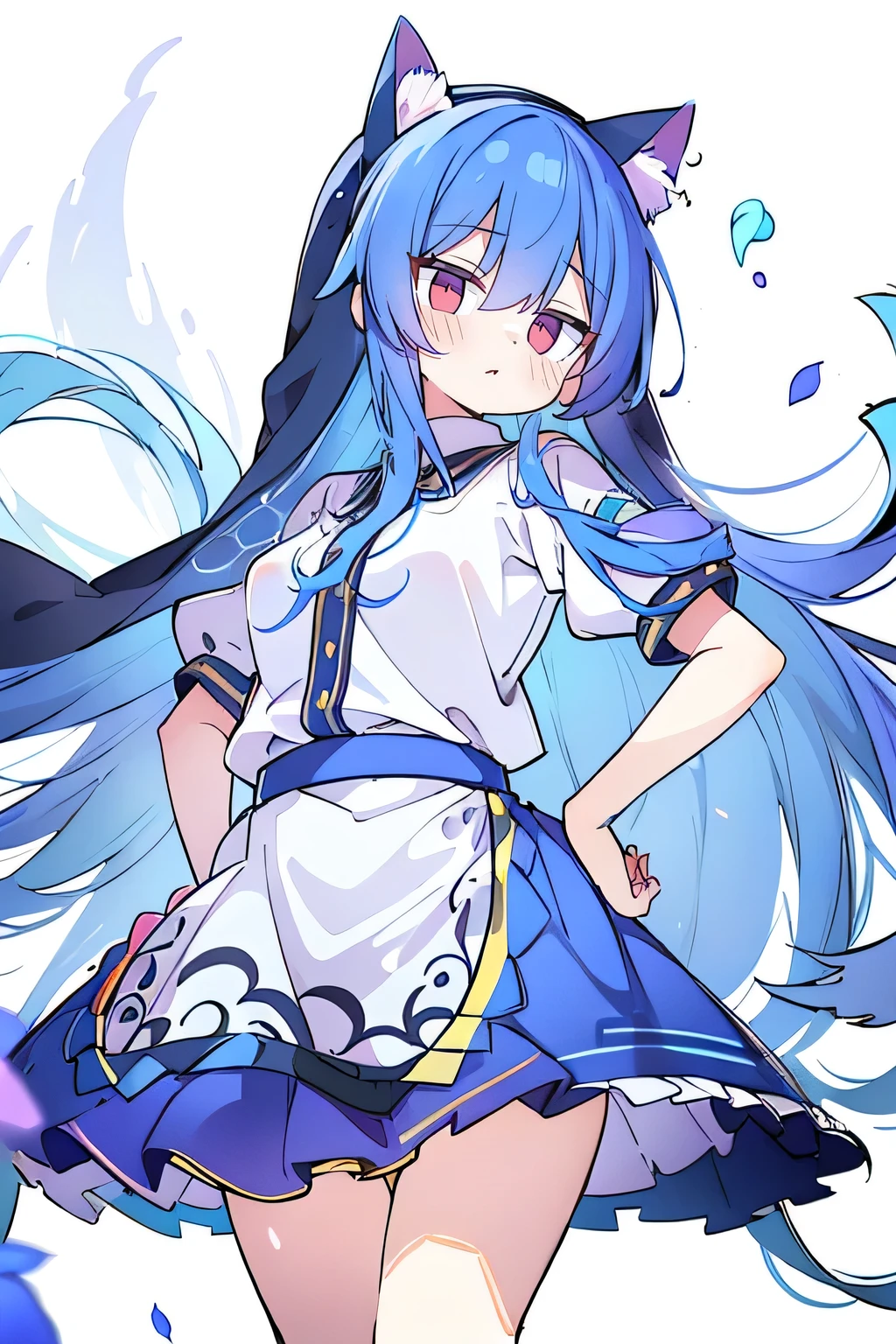 beautiful detailed eyes, beautiful detailed lips, extremely detailed eyes and face, long eyelashes, 1 girl, anime, intricate blue hair, flowing blue hair, floating clothing, cat ears, falling petals, beautiful laura, cherub, hands on hips, gracefully sitting on the ground, crossed legs, serene background, solemn cathedral, nun