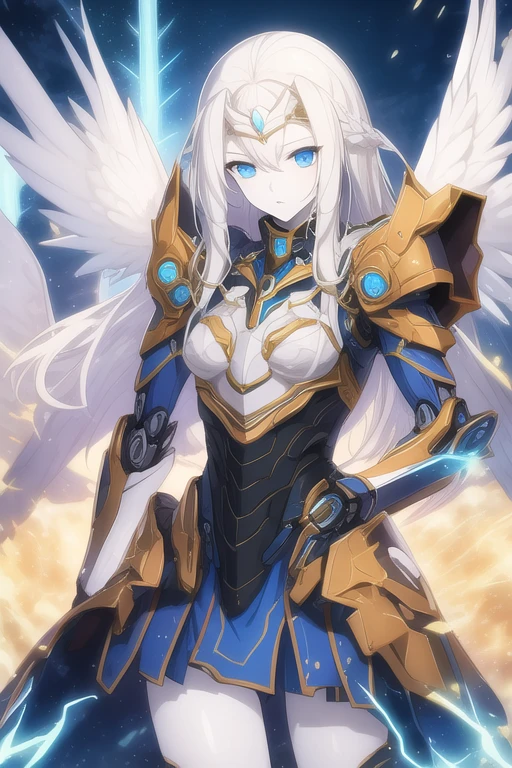 masterpiece, best quality, rich and colorful, Cowboy shooting, (Pale skin:1.2), flat chest, Mecha, armor, girl,Mechanical_Body, high resolution, white hair, Very long hair, garlic, , Solitary, blue eyes, White coat, Soft fabric waist extension, Blue Energy, destroy, Quantum Energy, Mechanical wings