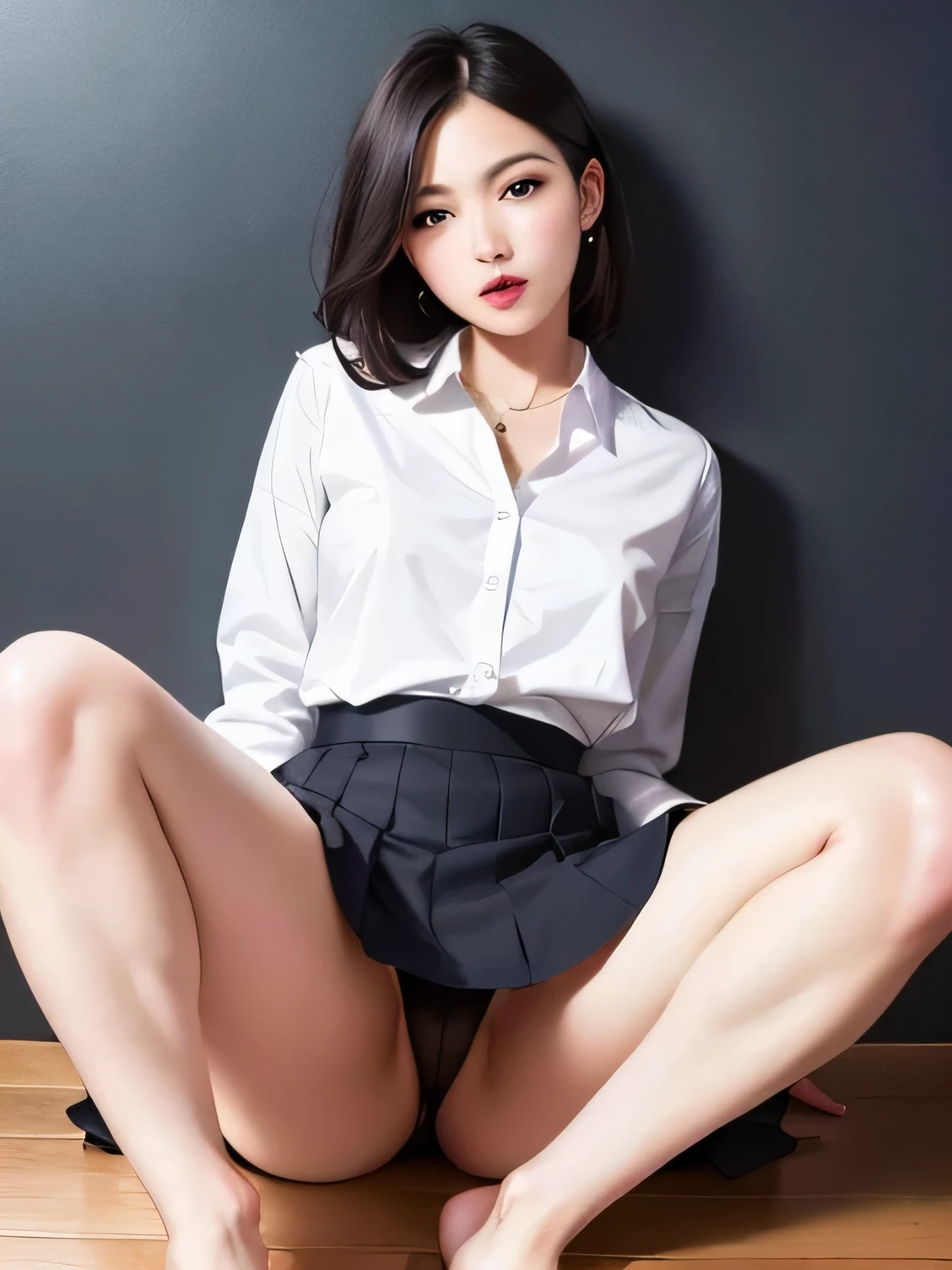 (vivid, Realistic: 1.5), (high resolution)(8K quality)(nsfw:1.2),No background: 1.0,Photograph the toes:1.2, Beautiful  Japanese girl: 1.2, Light Gray Background: 1.2, Breast augmentation: 1.3, cute: 1.2,Follow me((Pull up your skirt、Dress shirt comes off、Sit down to accentuate your inner thighs,Wearing black pantyhose、Put your hands on your crotch)):1.5, Semi-short hair: 1.2, Black Hair: 1.0, Hair with red mesh:1.2,Small face: 1.1, Straight hair: 1.1,Messy Hair:1.1,Navy blue pleated skirt、White dress shirt:1.2、Your cheeks are red;1.2