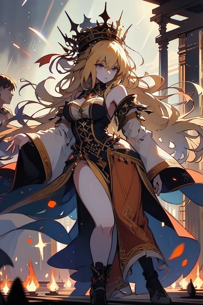 beautiful women dancing around a bonfire , long blonde hair, stars covering the sky, sharp focus, intricate detail, full bodies