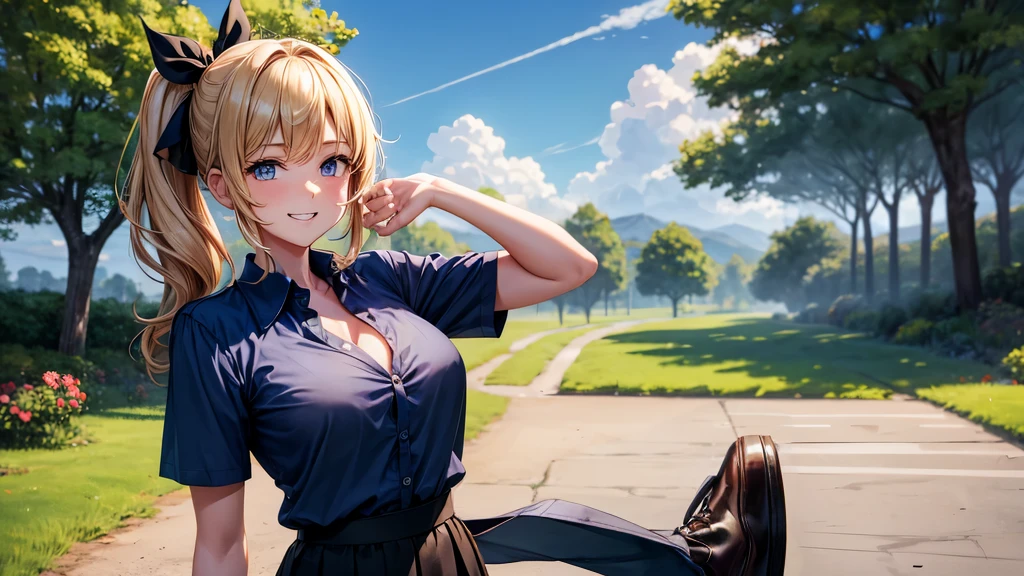 1girl, solo, summer, village, trees, sun, clouds, chestnut hair, side ponytail, large breasts, ((popping shirt buttons)), button down, unbuttoning buttons, dark blue eyes, ((dark blue shirt)), ((unbuttoned shirt)), ((short sleeved shirt)), cleavage 1:3, black skirt, brown shoes, grin, looking at the viewer, standing, hair ribbon, golden necklate