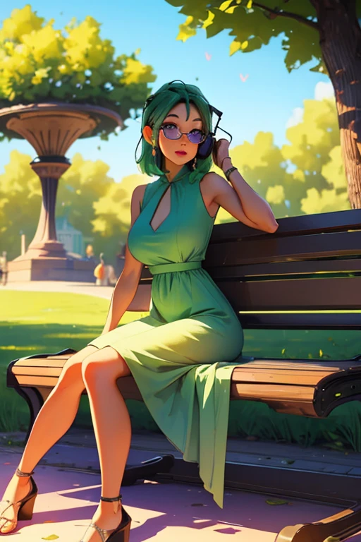 A green haired woman with violet eyes and glasses with an hourglass figure in a summer dress is listening to music on a bench at the park with headphones