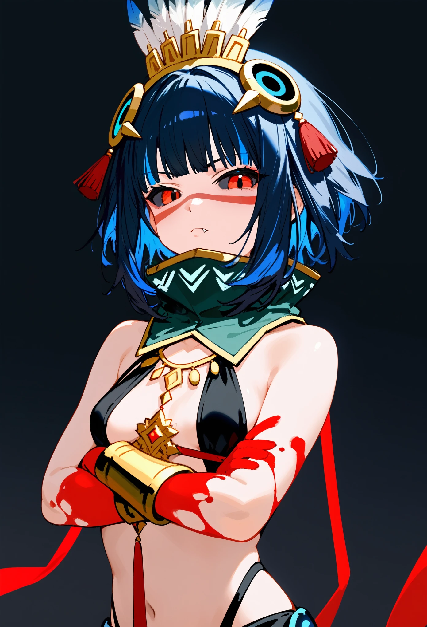 masterpiece, score_9, score_8_up, score_7_up, 1girl, (black sclera, red eyes), short hair, black hair, sidelocks, colored inner hair, blue hair, eyeliner, blood on hands, feathers, headdress, facepaint, jewelry, bracer, tassel, high collar, detached collar, sash, halterneck, bare shoulders, navel, pelvic curtain, small breasts, crossed arms, serious, fang, upper body, black background, simple background, 