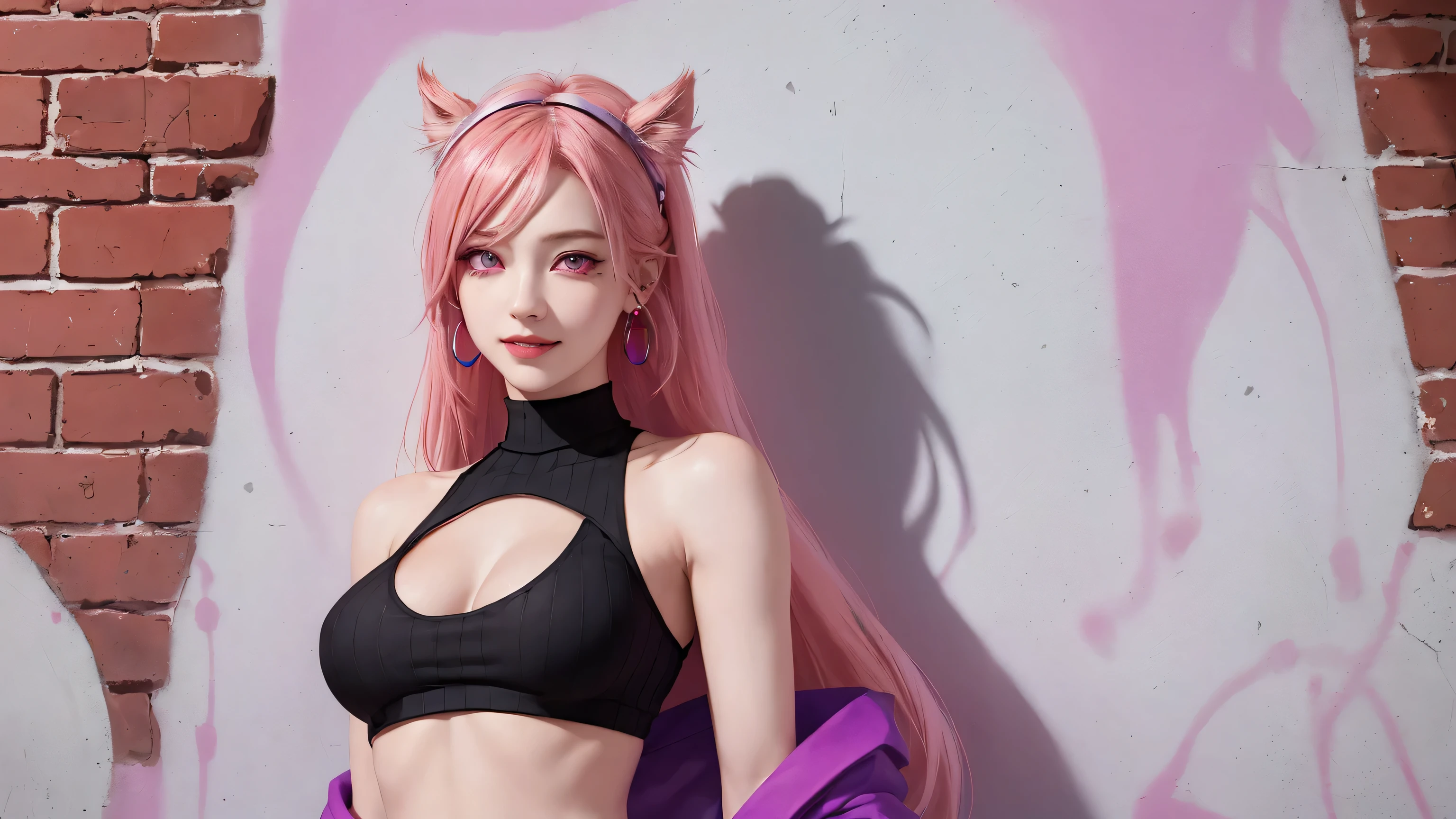 (Masterpiece, best quality, 1 girl, alone, complicated details, Chromatic aberration), realistic, ((Moderate breath)),long hair, pink hair, Red headpiece, Pink Highlights, hair on one eye,purple eyes, earring, sharp eyes, choker, Neon coat, She wears a collar, bangle, and kimono style garters., crop top, (symmetrical eyes),(Perfect symmetrical body),against the wall, Brick wall, (colorful graffiti words on the wall:1.2), The light is dim., alley ,Look at the viewer.、Dig the chest、smile、(sleeveless、Navel touch、Fitted turtleneck.)、street string hot pants、Thin bottom、Please build above the eaves..、Thin shoulders、in underwear、
