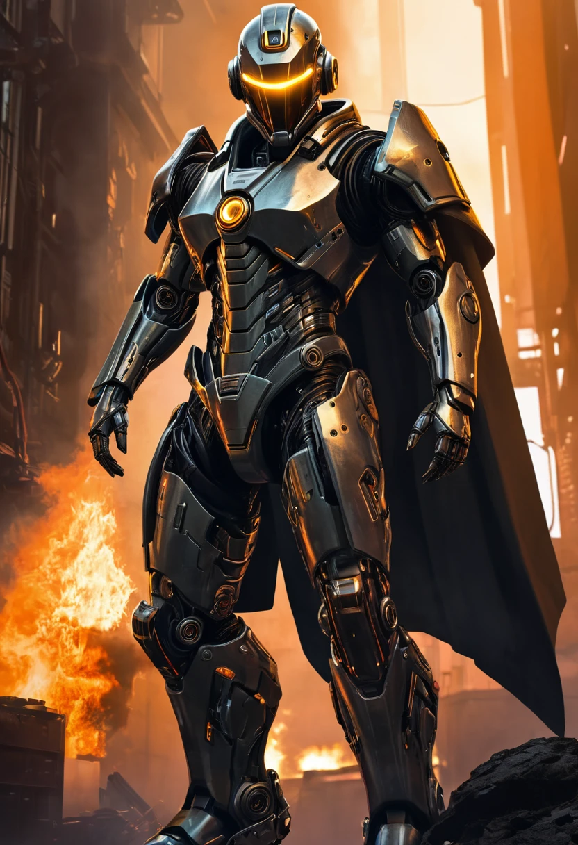 Cybernetic Revolutionaries, european male, magazine cover, poster art , Lovecraftian horror tattoos, bold huge text, matted design layout, strong, bold inking techniques, Metallic Silver and Gunmetal Gray: These colors are often used to represent the metallic components of cyborgs, giving them a sleek and futuristic appearance. impactful paint of a close up of a robot in a building with a helmet on, cyberpunk flame suit, cyberpunk armor, cyberpunk suit, sci - fi suit, intricate cyberpunk armor, cybernetic fire armor, apex legends armor, cyber suit, cybernetic flame armor, clothed in sci-fi military armor, warrior in sci-fi armour, sci - fi armor
