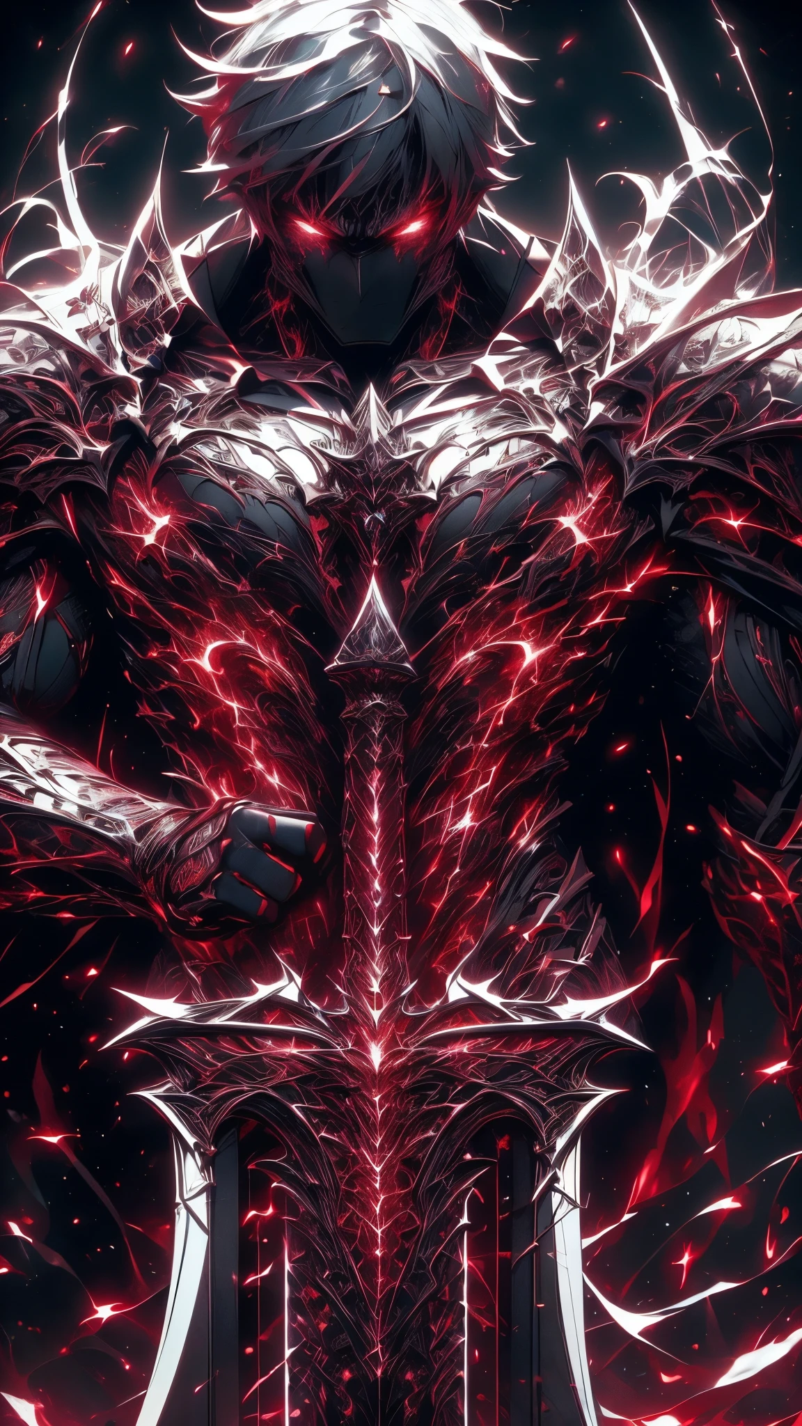 A high resolution, High quality,(Beautiful), ((Masterpiece)),Vibrant colors,1boys, mod \(rampage\), Male focus, Arms, Biceps, Strong muscles,scars in the face, Short black hair, Bandages,The right eye is closed, A strand of white hair,Extremely angry face,(Hylock Knight,Armor, Shoulder armor, Black armor,Black cape,Giant sword, Glowing red eyes), hdr (HighDynamicRange), Maximum clarity and sharpness, Multi-layered textures,ultra - detailed,