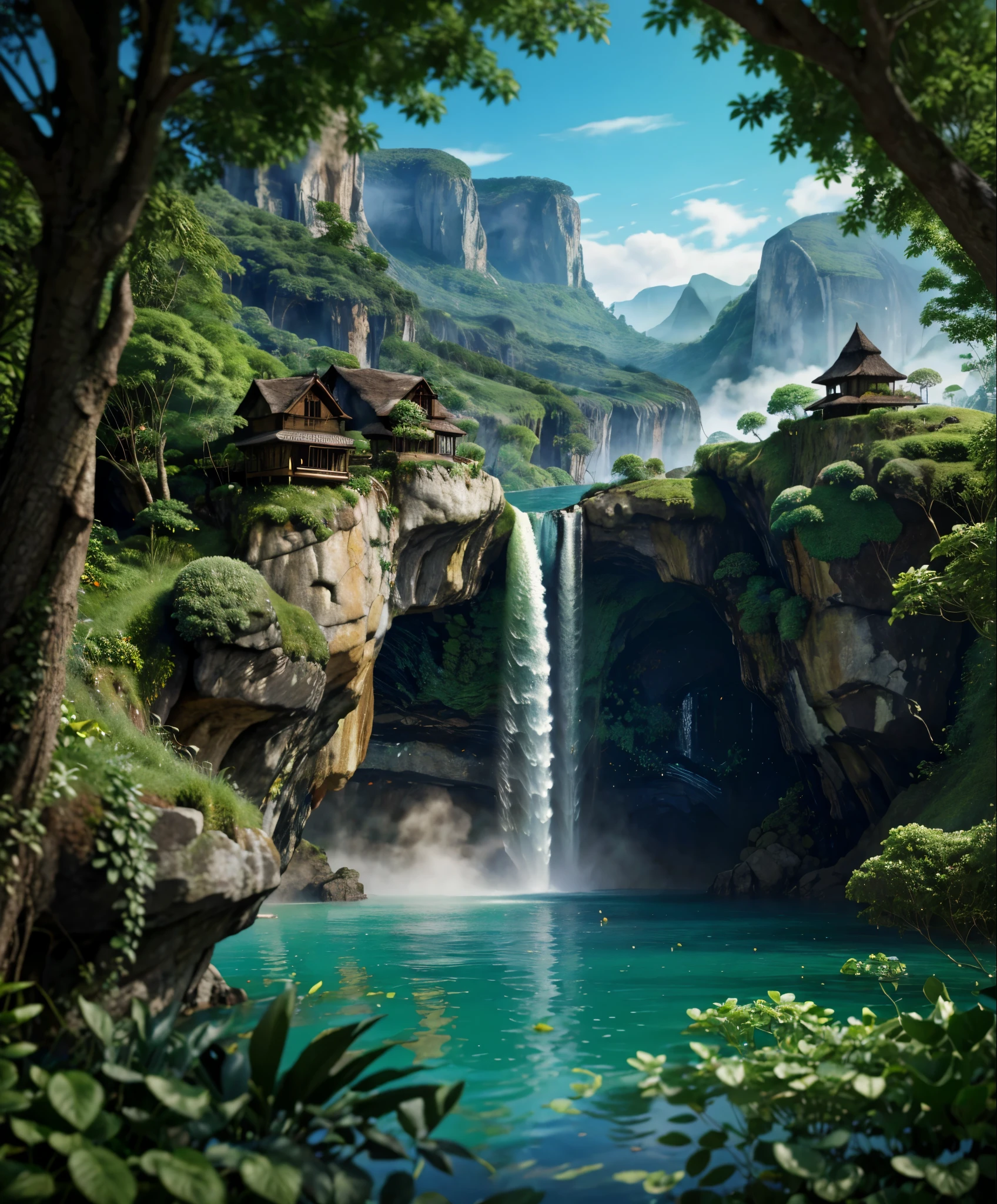 A breathtaking floating island scene, lush with verdant foliage, cascading waterfalls, and tranquil atmosphere,(best quality,4k,8k,highres,masterpiece:1.2),ultra-detailed,(realistic,photorealistic,photo-realistic:1.37),fantasy landscape,dreamlike,cinematic,dramatic lighting,chiaroscuro,volumetric fog,intricate details,highly detailed flora and fauna,vibrant colors,serene,peaceful,mystical,magical,awe-inspiring