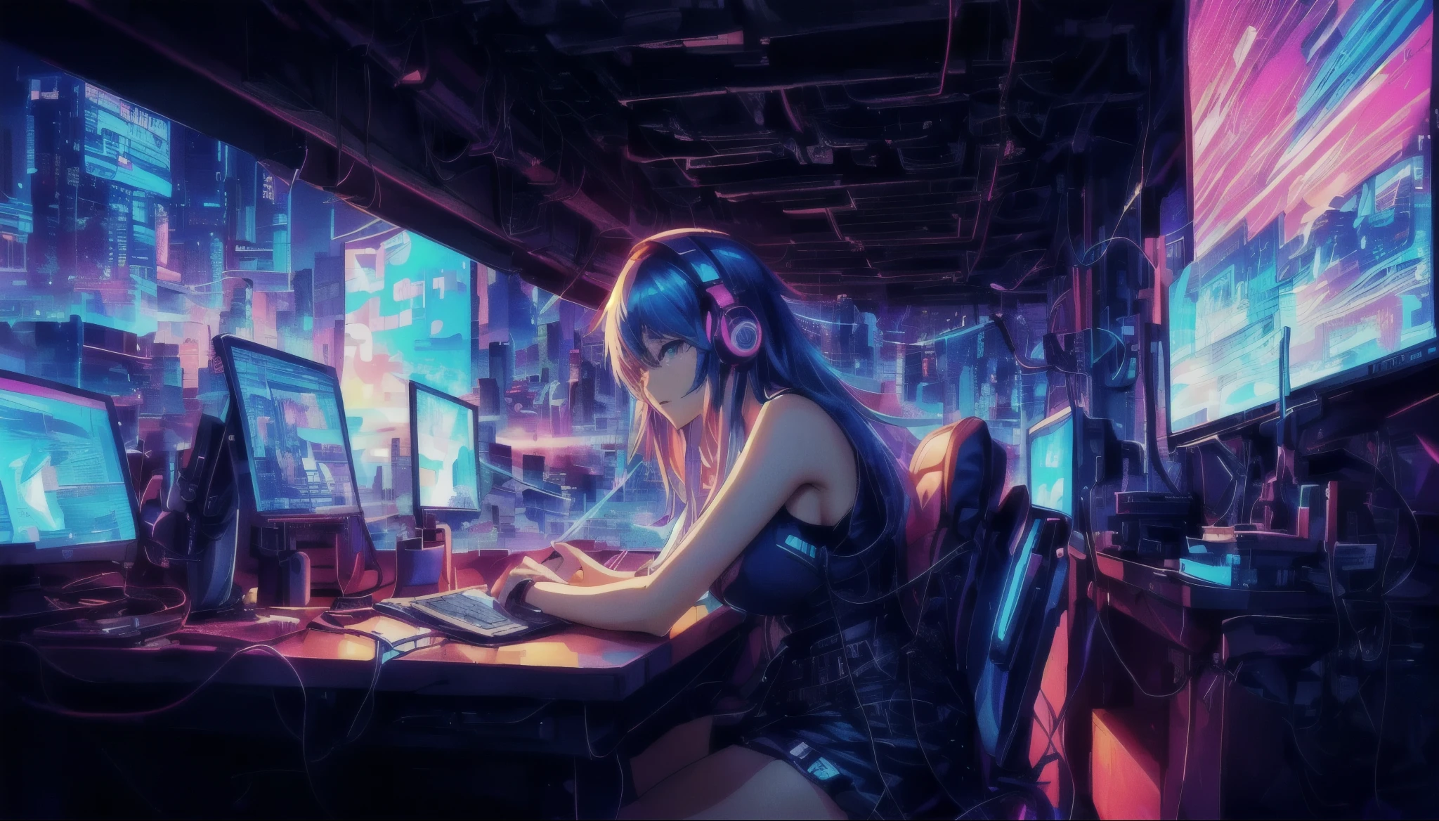 Woman sitting at a desk with a laptop and headphones, Anime atmosphere, Anime Style 4k, Digital Cyberpunk - Anime Art, anime art wallpaper 4k, anime art wallpaper 4k, anime wallpaper 4k, anime wallpaper 4k, Digital Cyberpunk Anime Art, Lo-fi art style, Cyberpunk atmosphere, 80年代のAnime atmosphere, Cyberpunk art style