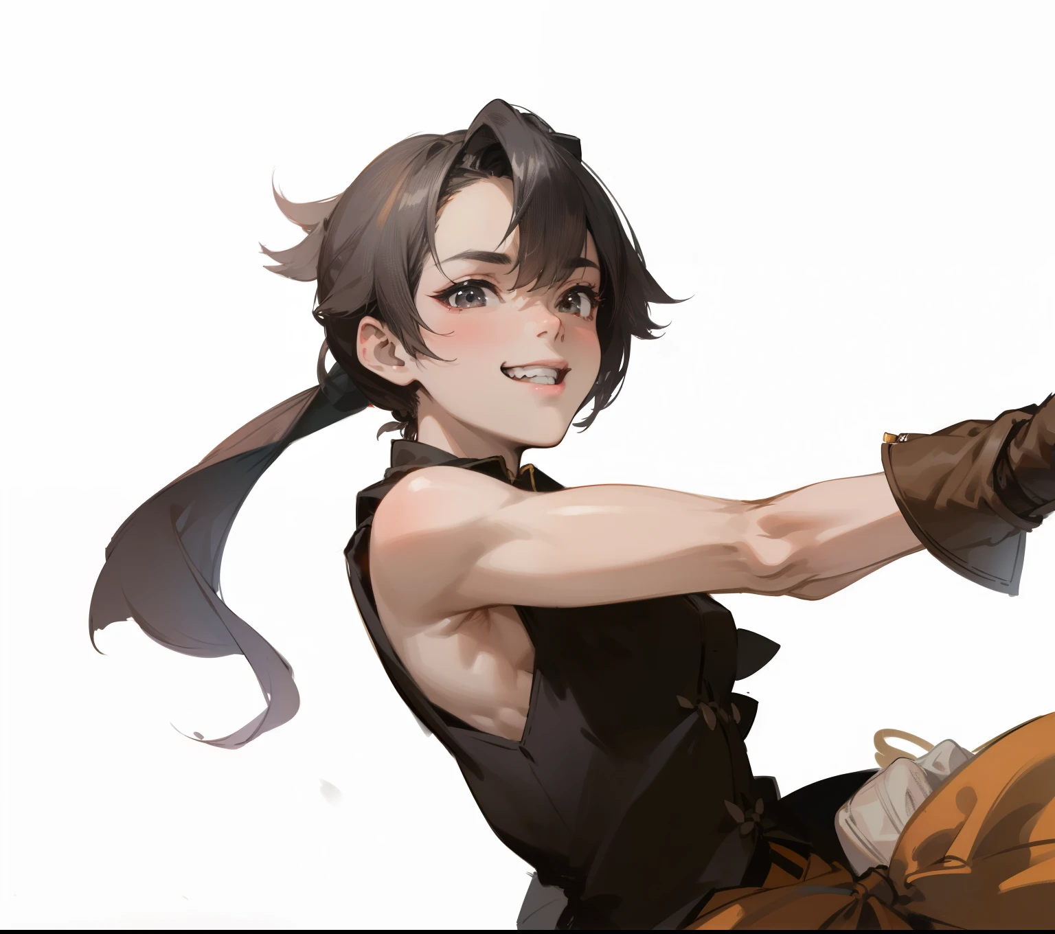 Chinese style,Realism,Black vest,Smiling teenager,Ponytail,Outstanding quality,Realism的画风,Carefully portrayed,Exquisite,Skillful arms,leather gloves,Clear structure,