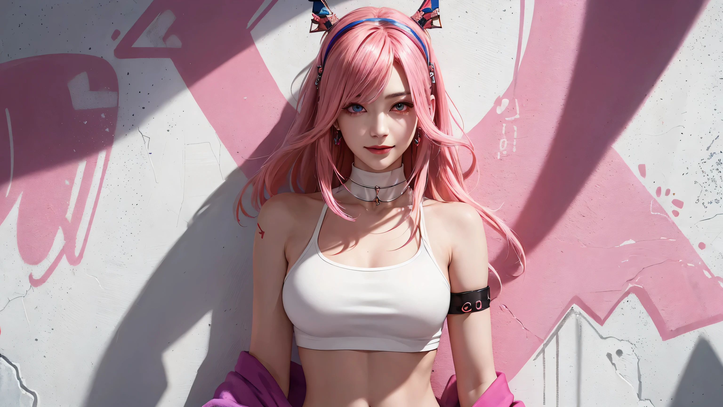 (Masterpiece, best quality, 1 girl, alone, complicated details, Chromatic aberration), realistic, ((Moderate breath)),long hair, pink hair, Red headpiece, Pink Highlights, hair on one eye,purple eyes, earring, sharp eyes, choker, Neon coat, She wears a collar, bangle, and kimono style garters., crop top, (symmetrical eyes),(Perfect symmetrical body),against the wall, Brick wall, (colorful graffiti words on the wall:1.2), The light is dim., alley ,Look at the viewer.、Dig the chest、smile、(sleeveless、Navel touch、Fitted turtleneck.)、street string hot pants、Thin bottom、Please build above the eaves..、Thin shoulders、in underwear、