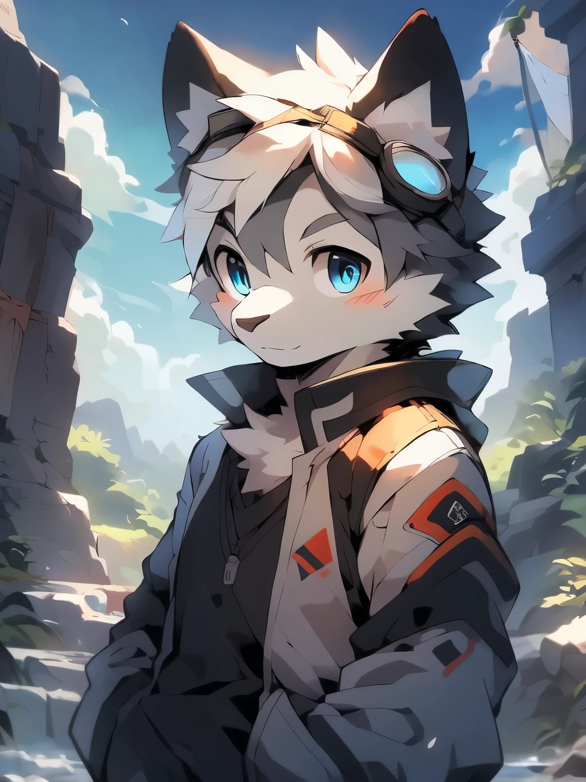 masterpiece, solitary, Furry Gray Wolf,White hair,Red highlights, blue eyes, Gray medium-length hair, Medium muscular body, cool pose, charming, Handsome, OK, casual shirt, goggles, Warm, comfortable. Nice scenery,Wear a baseball jacket,Bright Eyes,Boys,酷Boys,Short braids