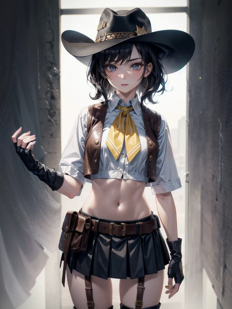 cowgirl costume, vest, cowboy hat, fingerless gloves, midriff, neckerchief, short skirt, holster, absurdres, RAW photo, extremely delicate and beautiful, masterpiece, Best Quality, ultra high resolution, 32k, hyperrealistic, ultra-detailed, detailed description, pale skin, 20 years old, tearful mole, earring, short medium hair, wavy hair, whole body shot,