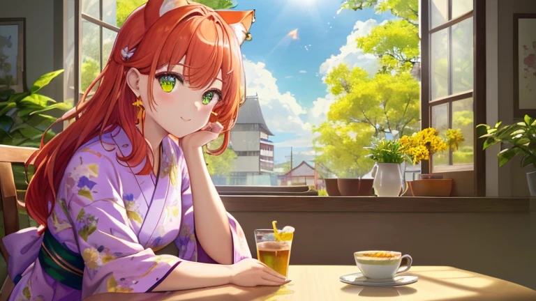 Peaceful landscape on a sunny day: girl, Cat ears growing out of his head,(Wearing a yukata with a floral pattern:1.6)、Checking your smartphone while eating a parfait at a cafe,(girlの目の中には星がある:1.4),(Eye color: The right eye is yellow、The left eye is green:1.9), Take a relaxing break. Sunlight shining through the cafe window, Out of the window, I see a big tree with fresh green leaves.,Casting a warm glow on the scene. With a satisfied look, She watches the crowds pass by, Peace and tranquility surrounds her............ The intricate details of her face, Illuminated by the sunlight, Rendered in perfect quality, Each feature is highlighted by the best lighting............,(girlのCat ears growing out of his head:1.4);There is a magazine on the table, (Redhead:1.8),Add a relaxing feel to your images. This masterpiece, Rich texture,(She has big cat earrings in her ears.:1.6),(Out of the windowには札幌テレビ塔が見えています:1.9)