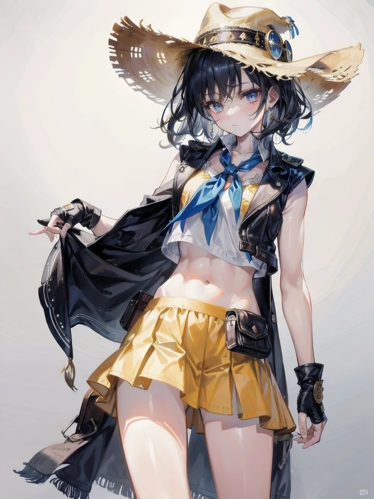 cowgirl costume, vest, cowboy hat, fingerless gloves, midriff, neckerchief, short skirt, holster, absurdres, RAW photo, extremely delicate and beautiful, masterpiece, Best Quality, ultra high resolution, 32k, hyperrealistic, ultra-detailed, detailed description, pale skin, 20 years old, tearful mole, earring, short medium hair, wavy hair, whole body shot,