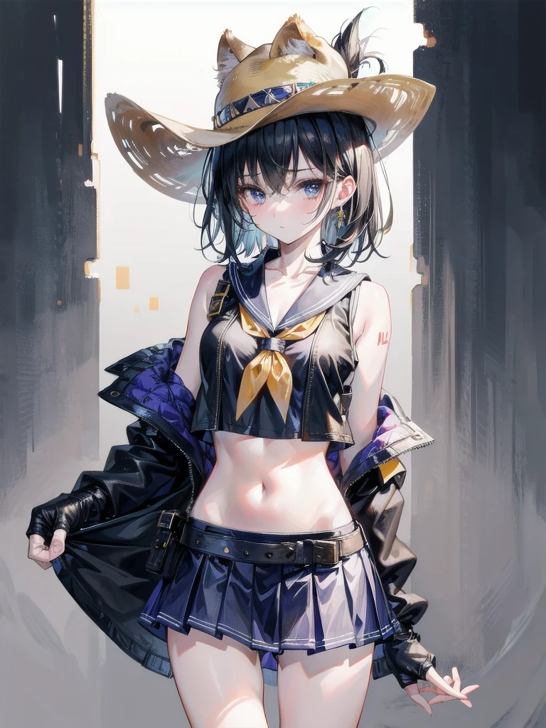 cowgirl costume, vest, cowboy hat, fingerless gloves, midriff, neckerchief, short skirt, holster, absurdres, RAW photo, extremely delicate and beautiful, masterpiece, Best Quality, ultra high resolution, 32k, hyperrealistic, ultra-detailed, detailed description, pale skin, 20 years old, tearful mole, earring, short medium hair, wavy hair, whole body shot,