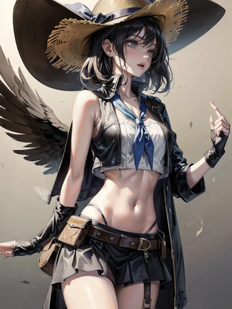 cowgirl costume, vest, cowboy hat, fingerless gloves, midriff, neckerchief, short skirt, holster, absurdres, RAW photo, extremely delicate and beautiful, masterpiece, Best Quality, ultra high resolution, 32k, hyperrealistic, ultra-detailed, detailed description, pale skin, 20 years old, tearful mole, earring, short medium hair, wavy hair, whole body shot,
