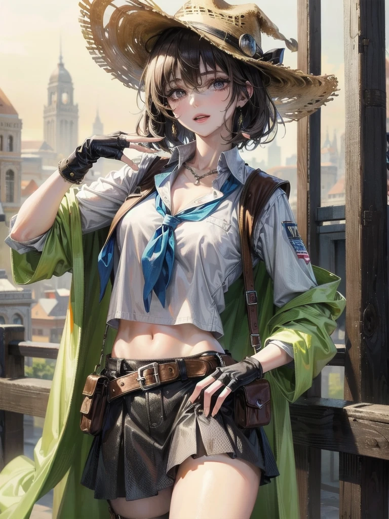 cowgirl costume, vest, cowboy hat, fingerless gloves, midriff, neckerchief, short skirt, holster, absurdres, RAW photo, extremely delicate and beautiful, masterpiece, Best Quality, ultra high resolution, 32k, hyperrealistic, ultra-detailed, detailed description, pale skin, 20 years old, tearful mole, earring, short medium hair, wavy hair, whole body shot,