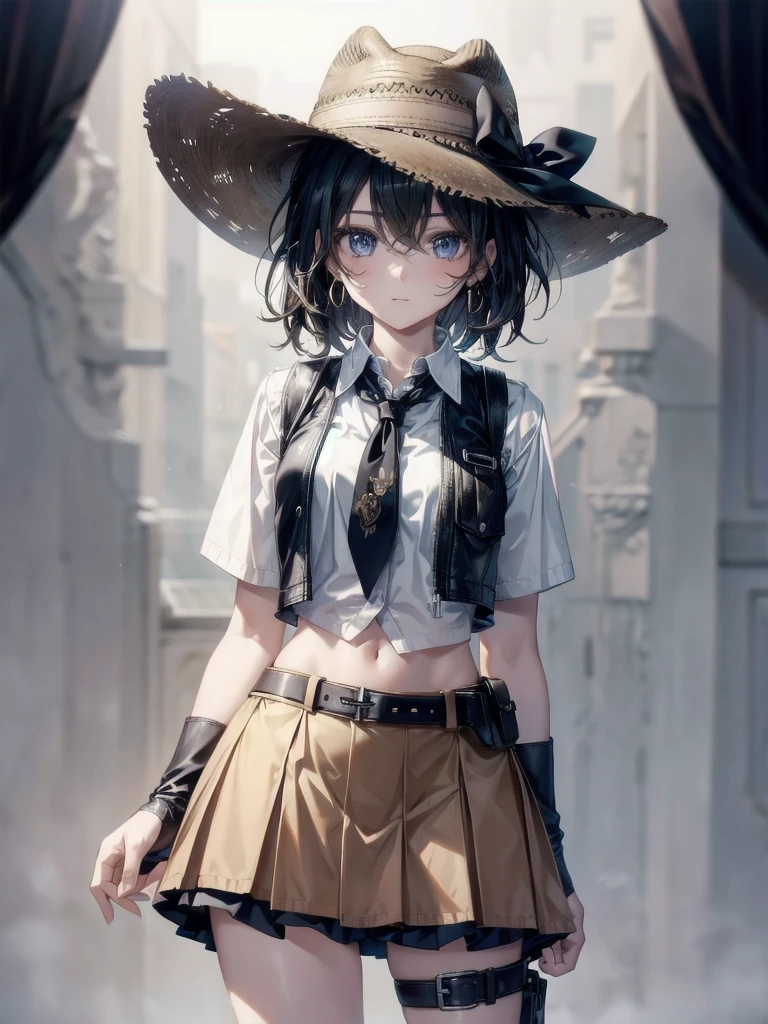 cowgirl costume, vest, cowboy hat, fingerless gloves, midriff, neckerchief, short skirt, holster, absurdres, RAW photo, extremely delicate and beautiful, masterpiece, Best Quality, ultra high resolution, 32k, hyperrealistic, ultra-detailed, detailed description, pale skin, 20 years old, tearful mole, earring, short medium hair, wavy hair, whole body shot,