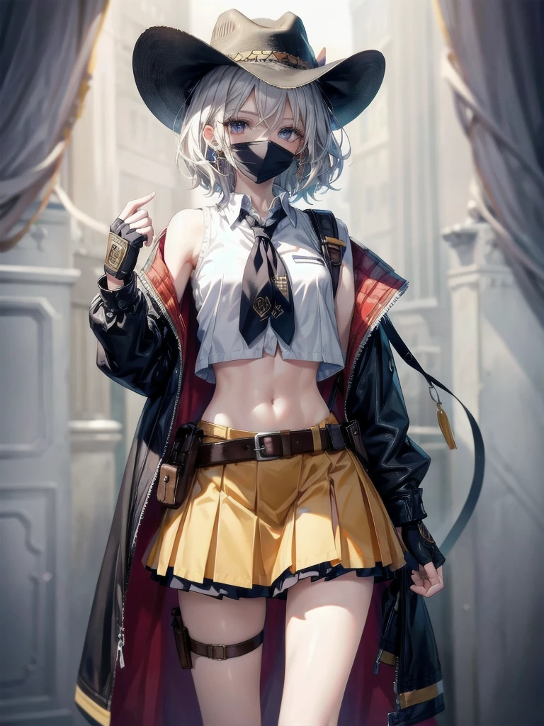 cowgirl costume, vest, cowboy hat, fingerless gloves, midriff, neckerchief, short skirt, holster, absurdres, RAW photo, extremely delicate and beautiful, masterpiece, Best Quality, ultra high resolution, 32k, hyperrealistic, ultra-detailed, detailed description, pale skin, 20 years old, tearful mole, earring, short medium hair, wavy hair, whole body shot,