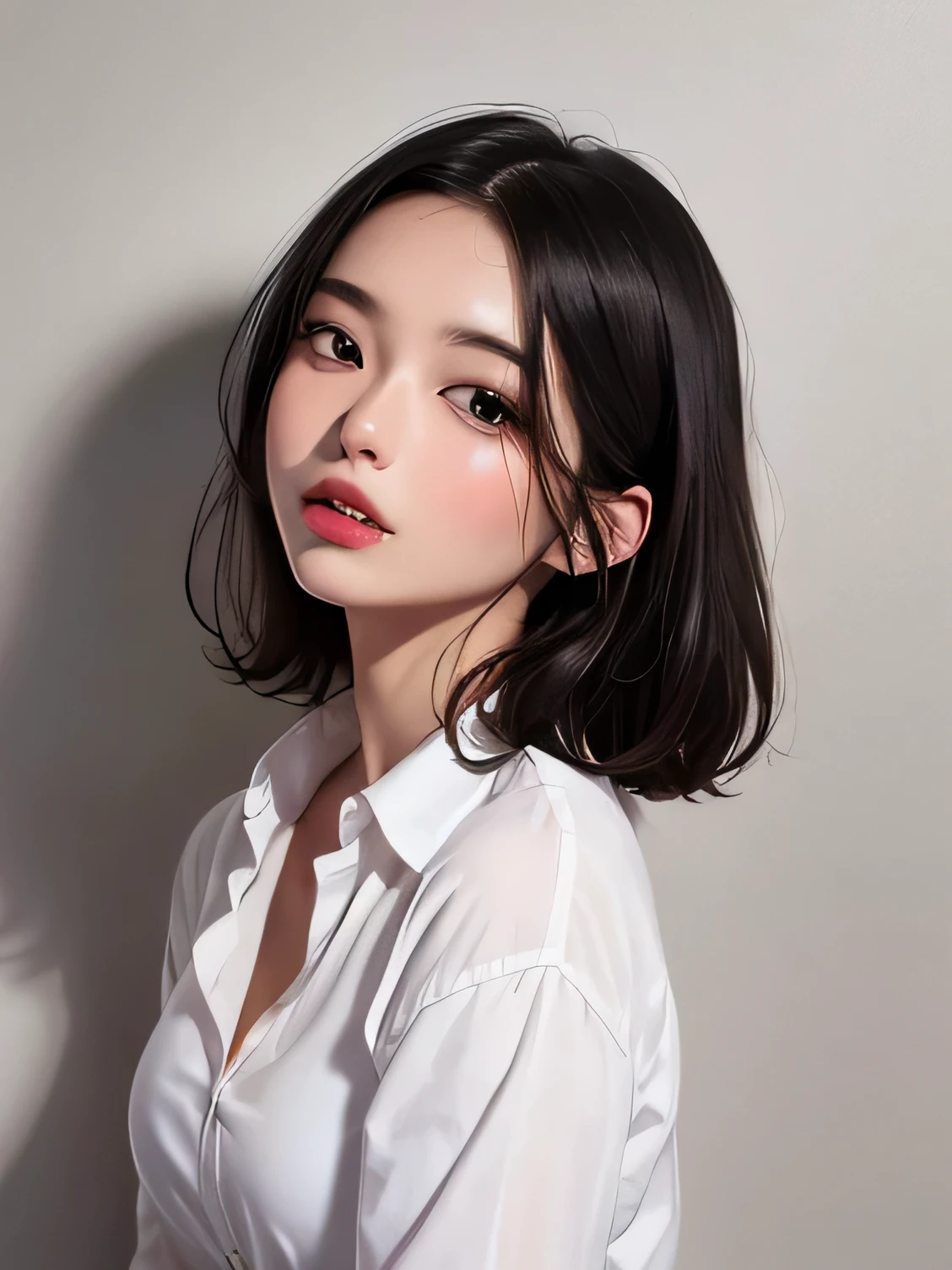 (vivid, Realistic: 1.5), (high resolution)(8K quality)(),No background: 1.0, Beautiful 17 year old Japanese girl: 1.2, Light Gray Background: 1.2,  augmentation: 1.3, cute: 1.2,Follow me((Suck on the,Suck it deep、Look at me、Drooling)):1.5, A little short hair: 1.2, Black Hair: 1.0, Small face: 1.1, Straight hair: 1.1,Messy Hair:1.1,Pleated skirt、Dress shirt:1.2. Your cheeks are red;1.0