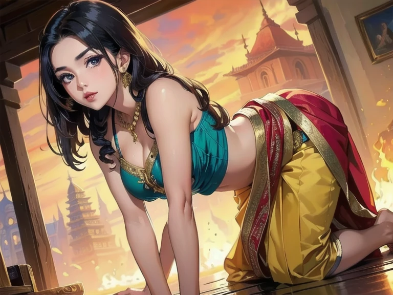 Indian desi beautiful girl in saree fully covered, (masterpiece:1.3), (8k, trending on art station, best quality: 1.4), detailed, symmetric face, beautiful eyes, anime style, sexy pose, indian traditional dress, hot, in doggy style, bend pose, on knees