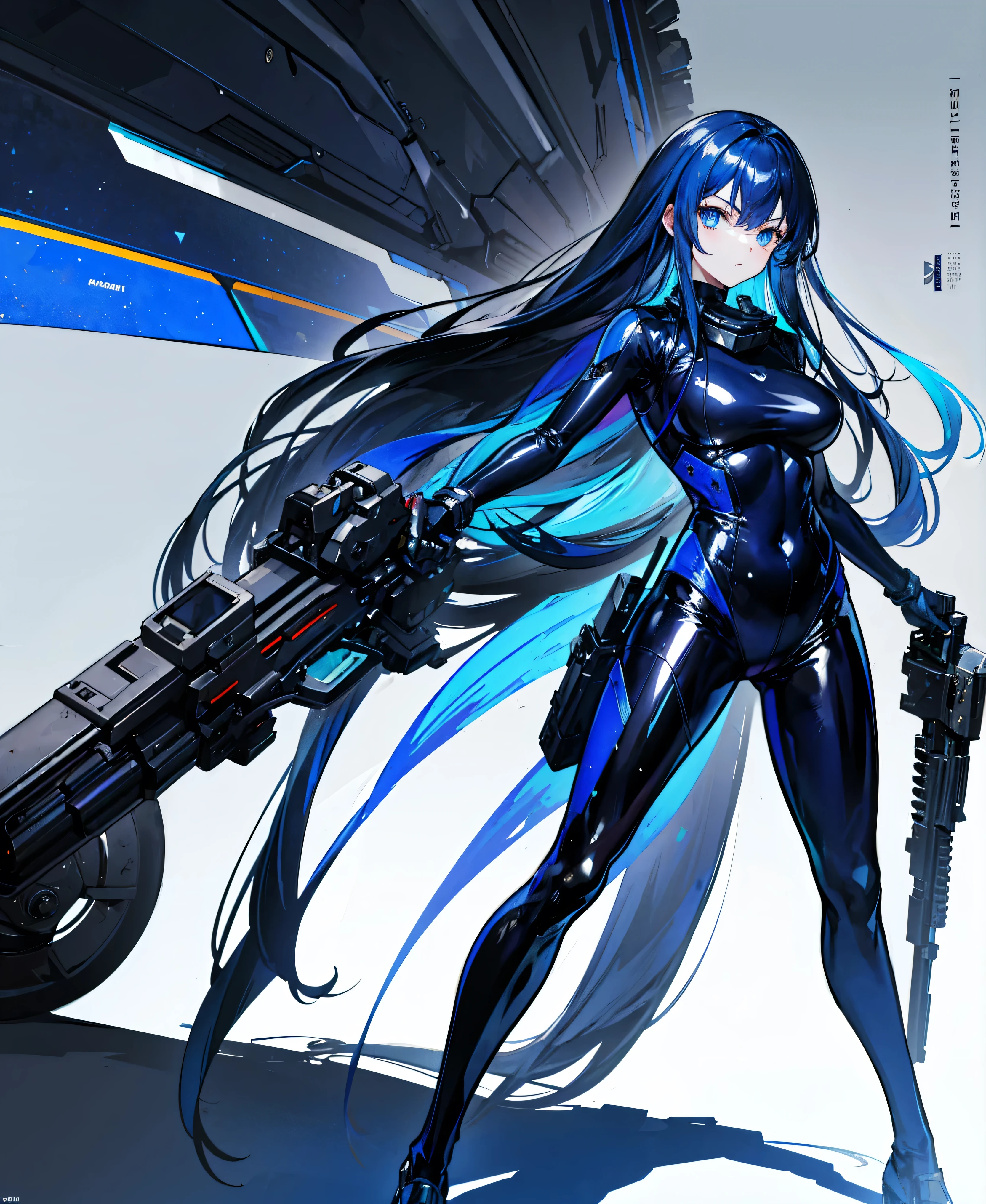 There is no background,girl,Carry a firearm,Patent leather tight suit,Use of firearms,Navy blue long hair,attention arousal,Blue colored eyes,No gradients