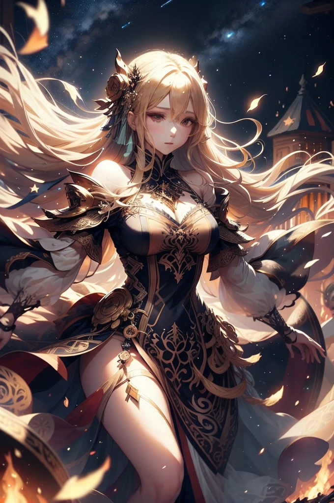 beautiful woman dancing around a bonfire , long blonde hair, stars covering the sky, sharp focus, intricate detail, full body