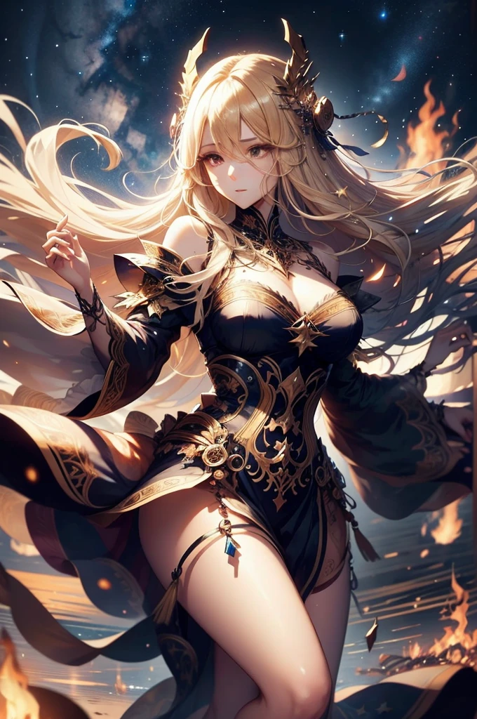 beautiful woman dancing around a bonfire , long blonde hair, stars covering the sky, sharp focus, intricate detail, full body