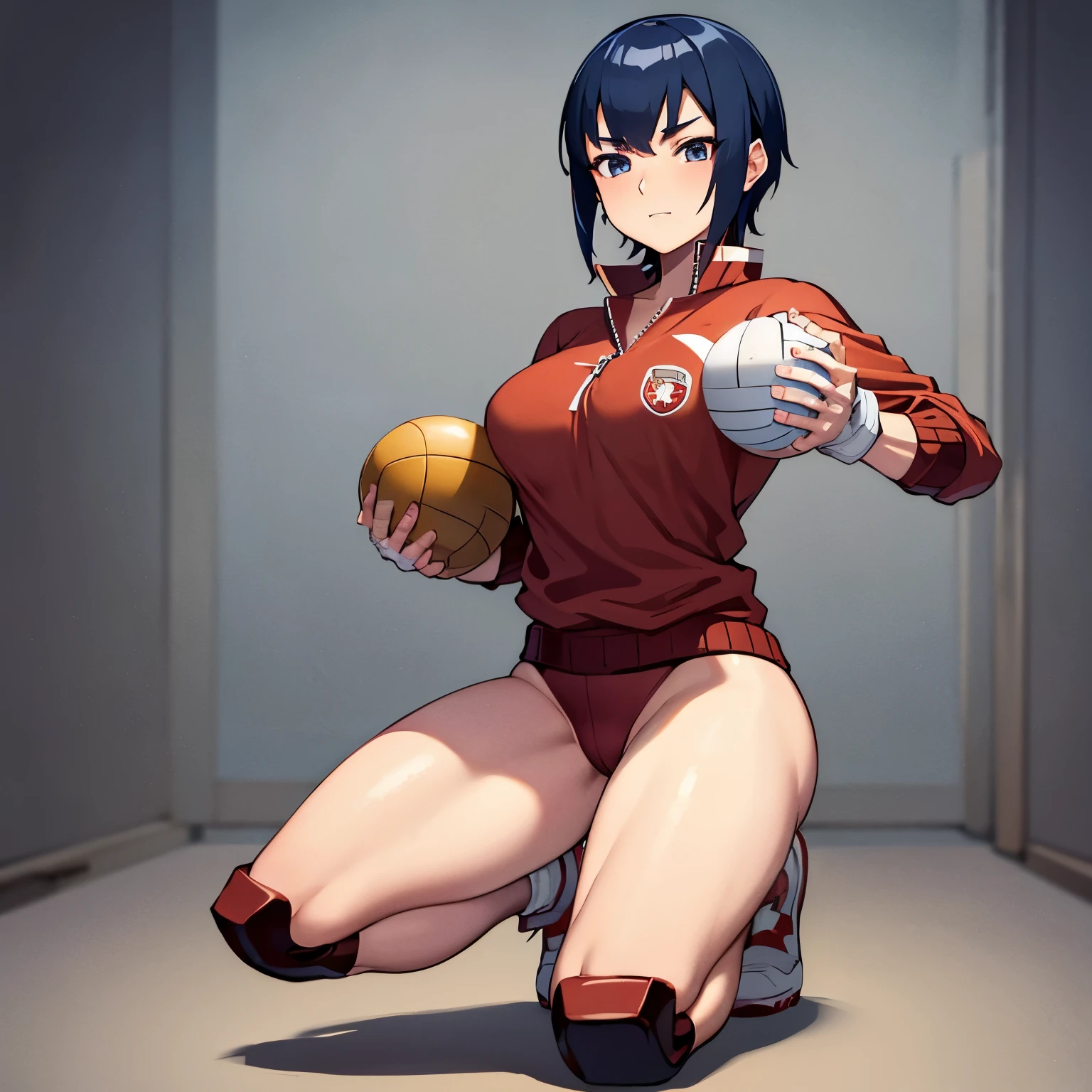 ayuhara natsu,open the thighs,high leg red burma,camel toue,squatting,volleyboll, short hair,red jacket, bandages, knee pads, sneakers,solo,