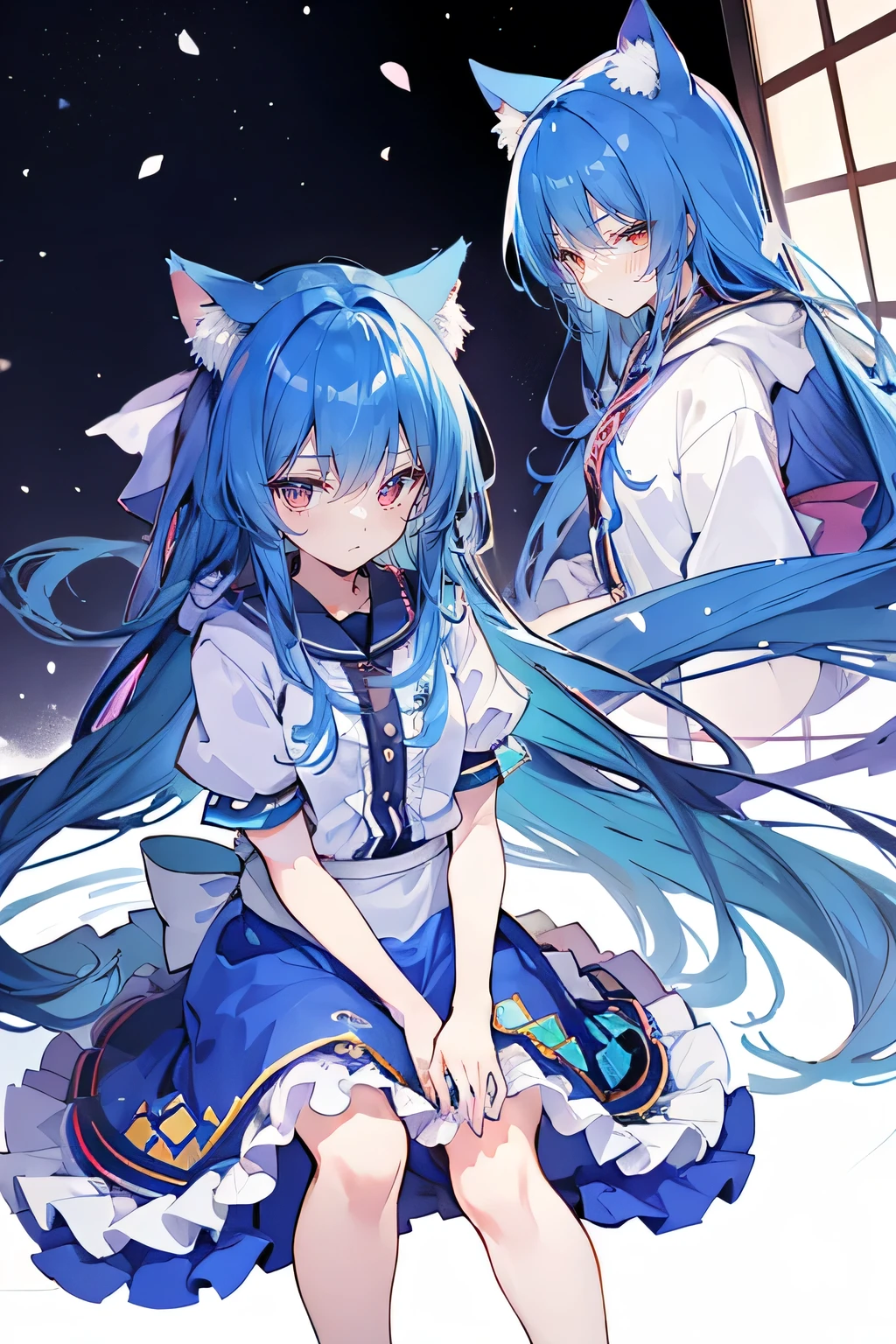 (masterpiece:1.2),Super detailed,lifelike,Expressive eyes,fair skin,perfect face shape,1 girl,
Japanese comics,Gorgeous blue hair,flowing blue hair,flowing clothes,Cat ears,Petals fall,beautiful lola,Baby Angel,
Shaking head with one hand,Cross your legs,Gentle and peaceful background,The pavilion is cool and comfortable,smile, wearing hoodie, background of tokyo,back views,snowing, winter.