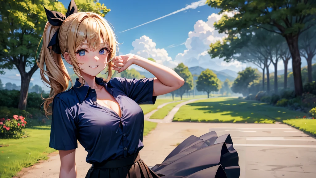 1girl, solo, summer, village, trees, sun, clouds, chestnut hair, side ponytail, large breasts, ((popping shirt buttons)), button down, unbuttoning buttons, dark blue eyes, ((dark blue shirt)), ((unbuttoned shirt)), ((short sleeved shirt)), cleavage 1:3, black skirt, brown shoes, grin, looking at the viewer, standing, hair ribbon, golden necklate