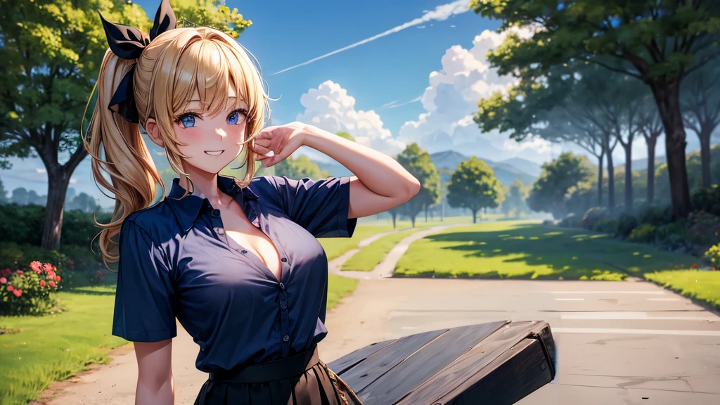 1girl, solo, summer, village, trees, sun, clouds, chestnut hair, side ponytail, large breasts, ((popping shirt buttons)), button down, unbuttoning buttons, dark blue eyes, ((dark blue shirt)), ((unbuttoned shirt)), ((short sleeved shirt)), cleavage 1:3, black skirt, brown shoes, grin, looking at the viewer, standing, hair ribbon, golden necklate