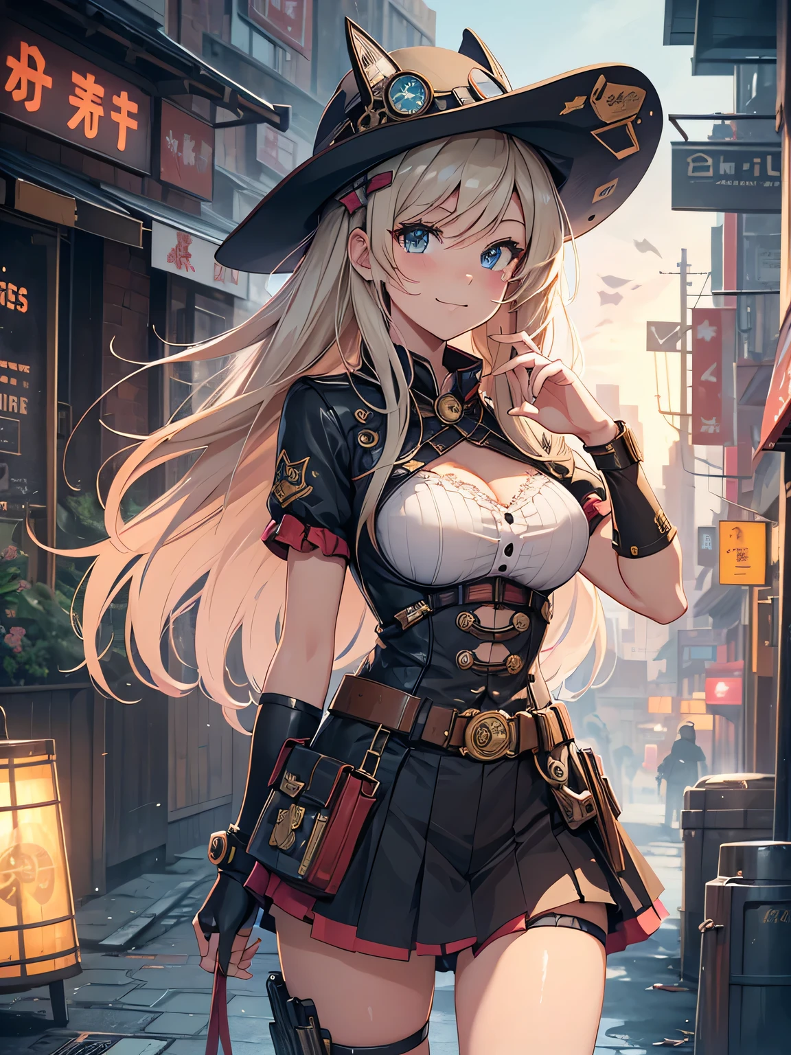 (Line art_anime),(Cowboy Shot,Low Angle, highest quality, ),(Laura Budd Photos:1.2),(Laura Add details:1.0),8k, Flat Color:0.8,1 girl,smile,(Highly decorative and complex mechanical steampunk fashion, Lace flare dolphin hat、goggleachinery background、Gear background、An elaborately mechanized steampunk cityscape 1.5),Cute pose,