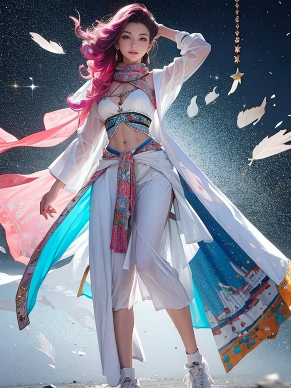 highest quality, Very detailed, masterpiece, 1 person,woman,(((完璧なwomanの体))),Very beautiful face, Very beautiful body,Gentle expression, Very beautiful eyes,(Perfect Makeup:1.1),Fashion Model,Cyberpunk Fashion,Curly Hair,Shaggy Hair,pink and blue hair:1.3, very thin body,Smart Abs,Monogram pattern,Gradation,Multicolored Silk Pilot Suit,Two-tone high-top sneakers,A kind smile,Full body portrait,((Fractal Art)), (Shiny skin),(Earrings),Seesul,Elegant patterned long scarf,Extra long shawl,