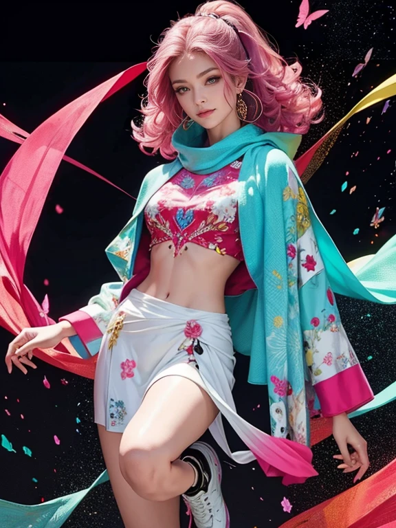 highest quality, Very detailed, masterpiece, 1 person,woman,(((完璧なwomanの体))),Very beautiful face, Very beautiful body,Gentle expression, Very beautiful eyes,(Perfect Makeup:1.1),Fashion Model,Cyberpunk Fashion,Curly Hair,Shaggy Hair,Fluorescent pink and blue hair:1.3, Very thin body,Smart Abs, Monogram pattern,Gradation,Spacesuit,Two-tone high-top sneakers,A kind smile,Full body portrait,(Background of London), (Shiny skin),(Earrings),Seesul,Long scarf,long shawl,
