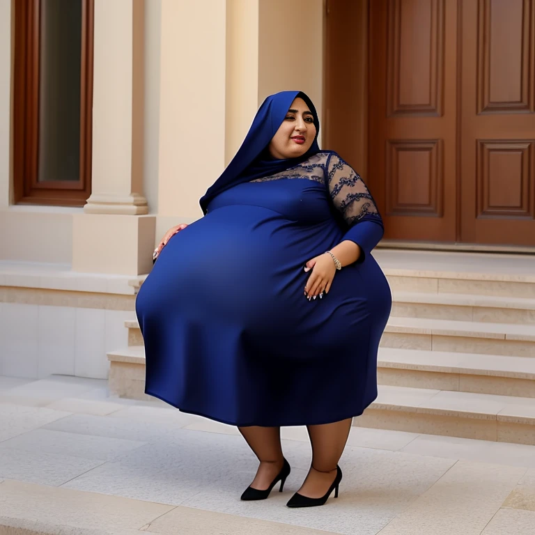 Extremely Hyperpregnant Azerbaijani woman with huge belly wearing a dress