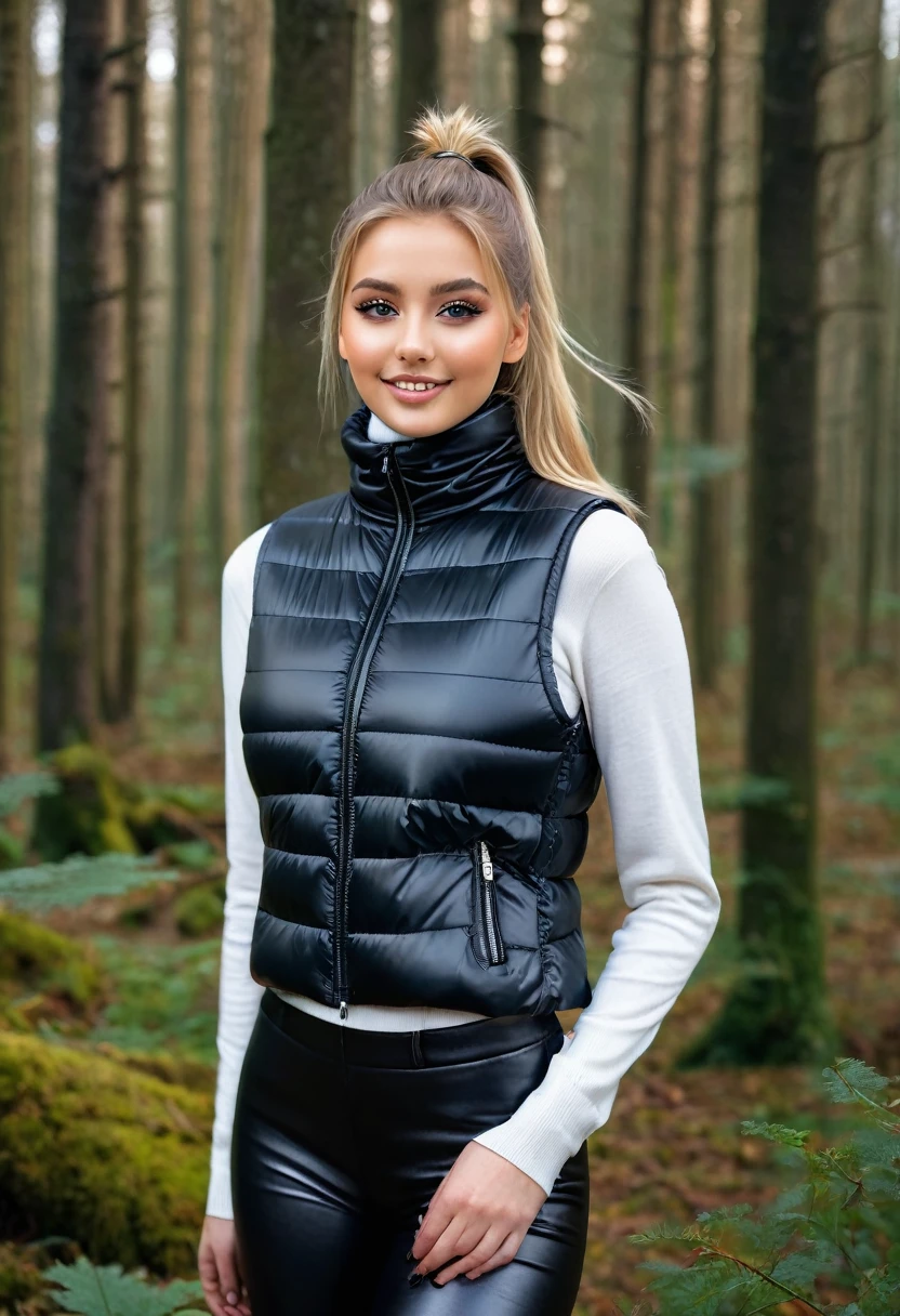 hyperrealistic beautiful busty 18-year-old women with long legs wearing turtleneck shirt with cropped puffer-vest and faux leather leggins, model shooting full body photography, natural blonde long straight ponytail, dark eye makeup with eyeliner, seductive smile, small necklace, 8K, Best quality, Meisterwerk, ultra high resolution, (Realismus: 1.4), Originalfoto, (realistische Hautstruktur: 1.3), (Filmkorn: 1.3), (Selfie-Winkel), 1 girl, Beautiful round hazel eyes and facial details, Meisterwerk, Best quality, posing outdoor deep in the woods