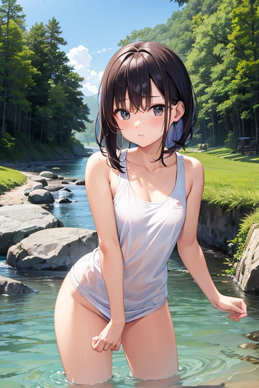 Girl playing in the river、、Tank top、Lower body naked、I'm not wearing anything、Squat with legs apart、The female genitalia are fully exposed、For viewers、River in the countryside、gravel