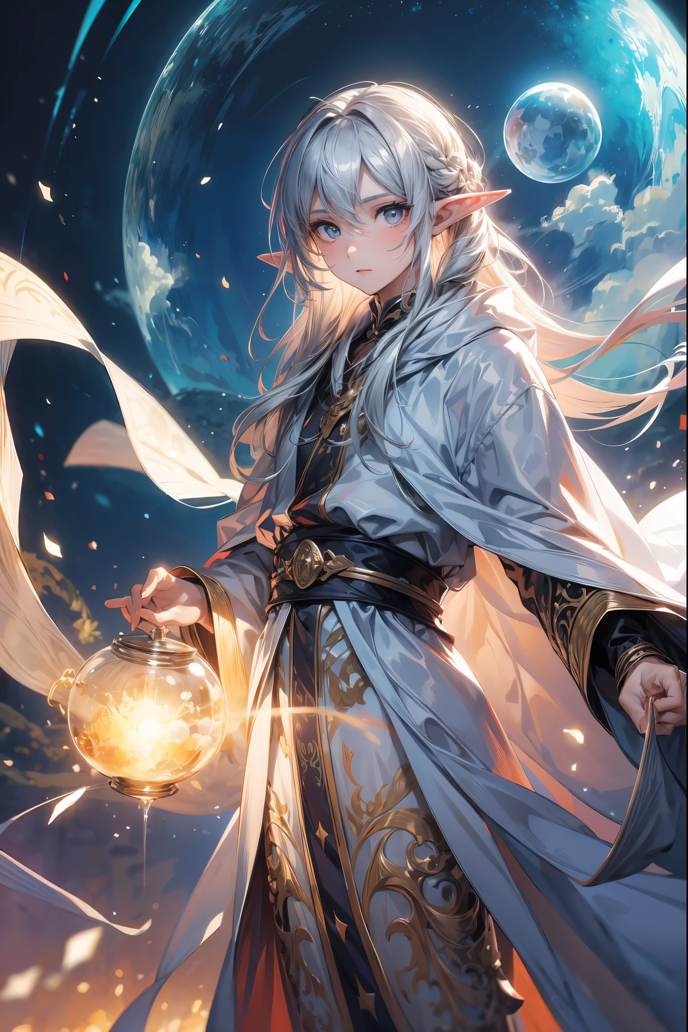 masterpiece, Excellent, single, 1 person, male, youth, teenager, wizard, lose weight, Elf, Silver Hair, long hair, Gray pupil, Floating ball of light, white robe, robe, Relax, Desert detailed background