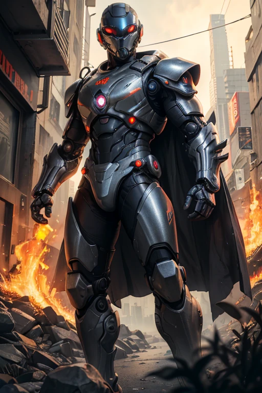 Cybernetic Revolutionaries, european male, magazine cover, poster art , Lovecraftian horror tattoos, bold huge text, matted design layout, strong, bold inking techniques, Metallic Silver and Gunmetal Gray: These colors are often used to represent the metallic components of cyborgs, giving them a sleek and futuristic appearance. impactful paint of a close up of a robot in a building with a helmet on, cyberpunk flame suit, cyberpunk armor, cyberpunk suit, sci - fi suit, intricate cyberpunk armor, cybernetic fire armor, apex legends armor, cyber suit, cybernetic flame armor, clothed in sci-fi military armor, warrior in sci-fi armour, sci - fi armor