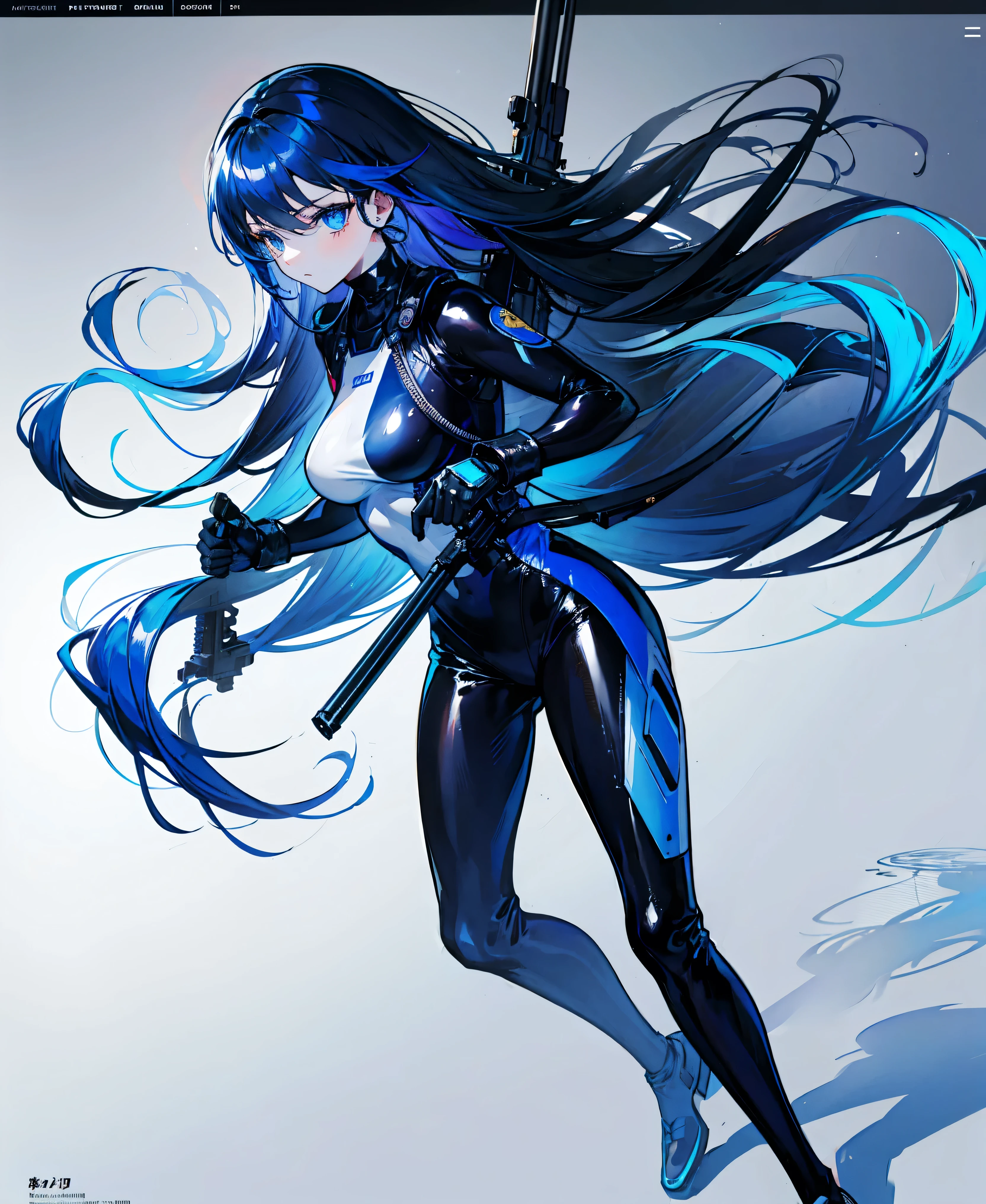 There is no background,girl,Carry a firearm,Patent leather tight suit,Use of firearms,Navy blue long hair,attention arousal,Blue colored eyes,No gradients