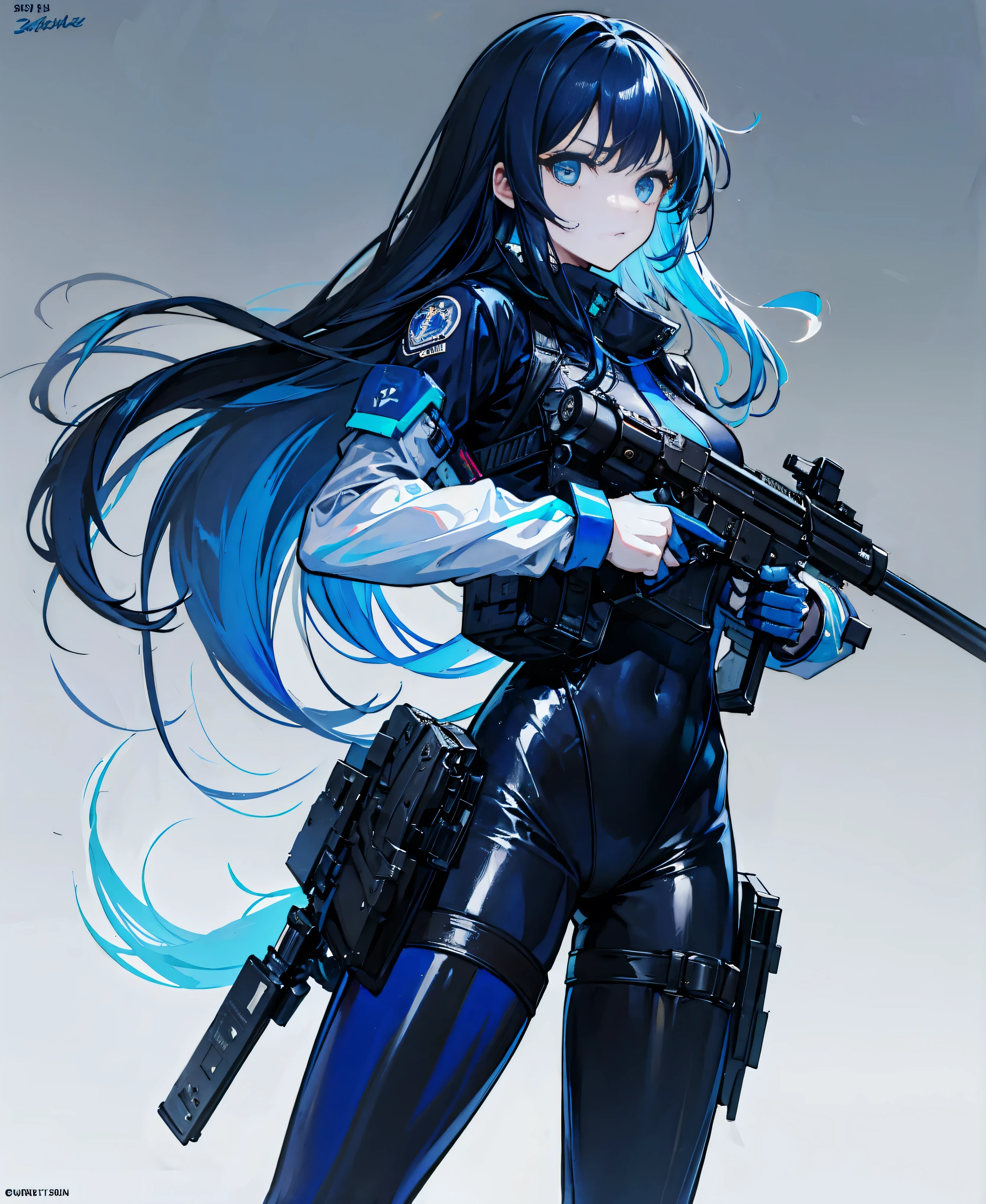 There is no background，girl，Carry a firearm，Patent leather tight suit，Use of firearms，Navy blue long hair，attention arousal，Blue colored eyes,No gradients