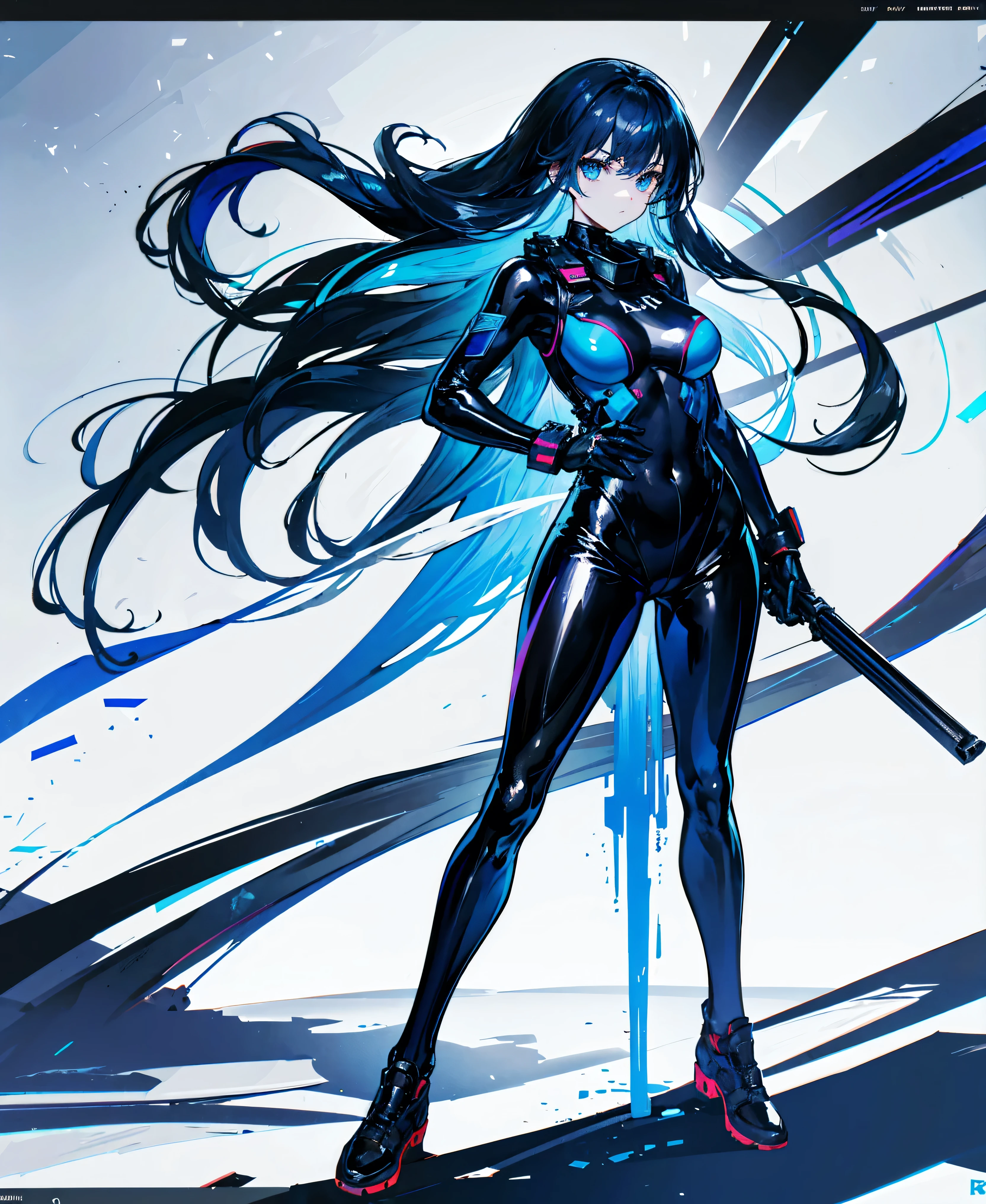 There is no background，girl，Carry a firearm，Patent leather tight suit，Use of firearms，Navy blue long hair，attention arousal，Blue colored eyes,No gradients