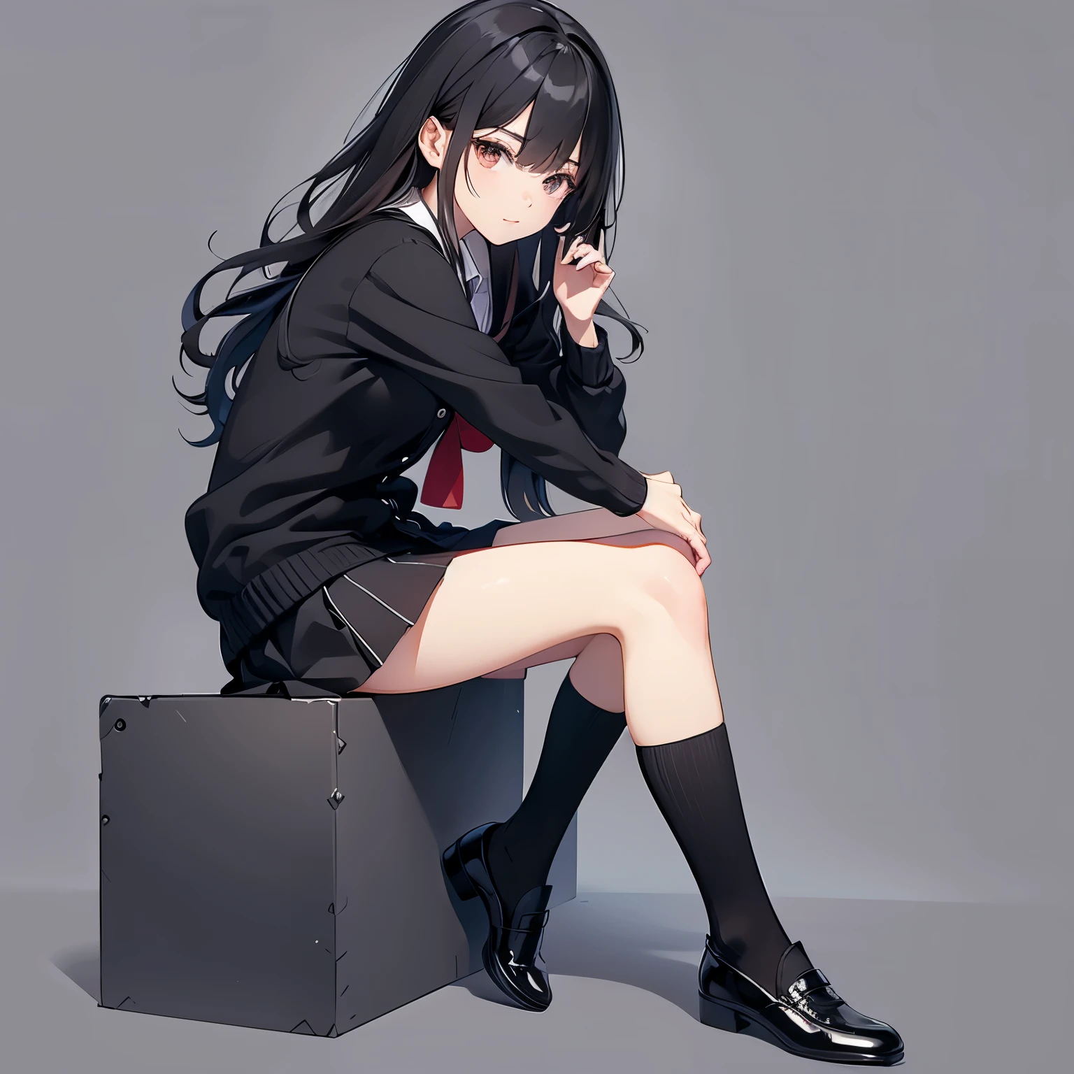 1girl, solo, (sitting, crossing leg), cool, long hair, dark hair, cardigan, pleated skirt, socks, black footwear, masterpiece, best quality, (no background, simple background)