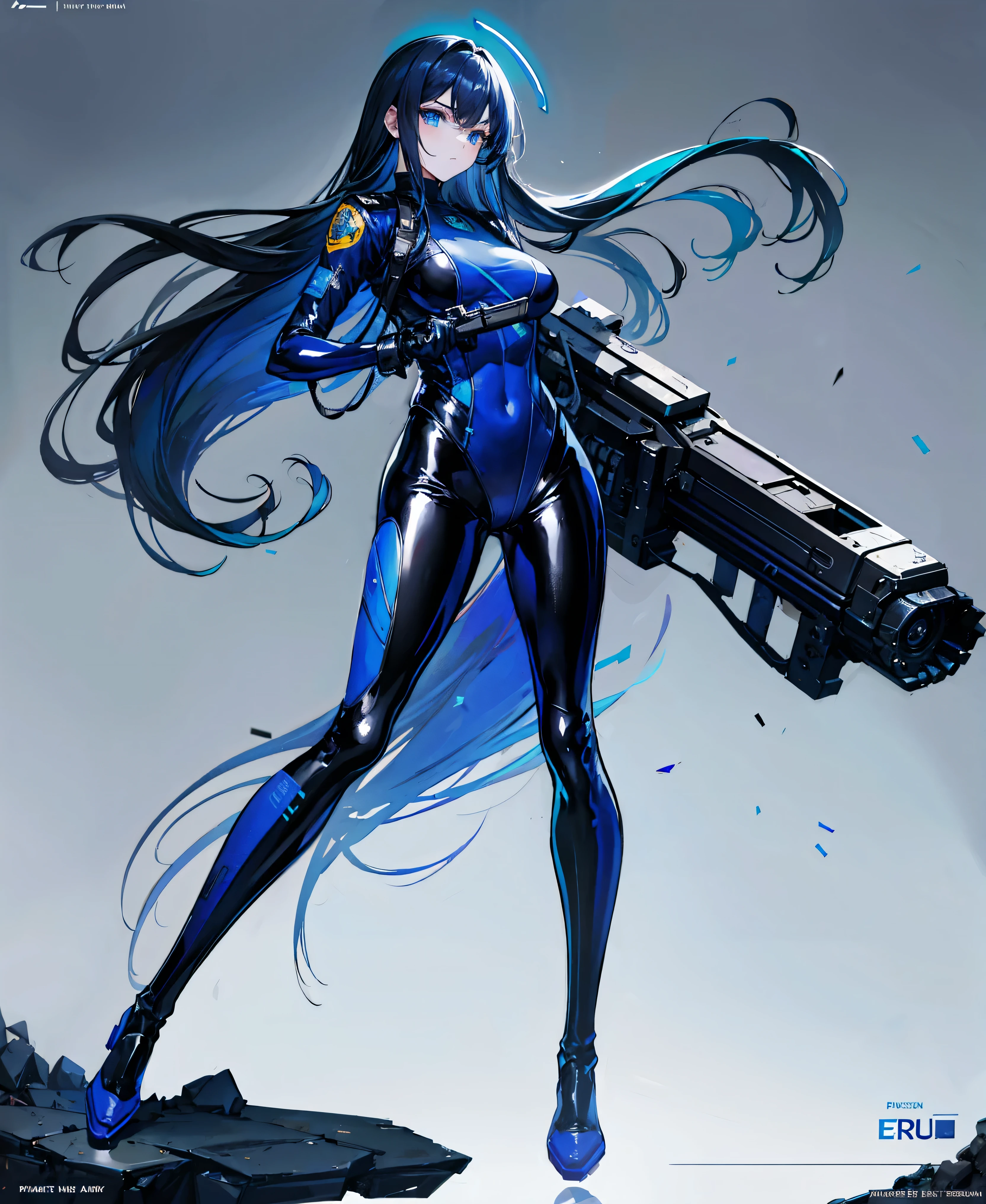 There is no background,girl,Carry a firearm,Patent leather tight suit,Use of firearms,Navy blue long hair,attention arousal,Blue colored eyes,No gradients