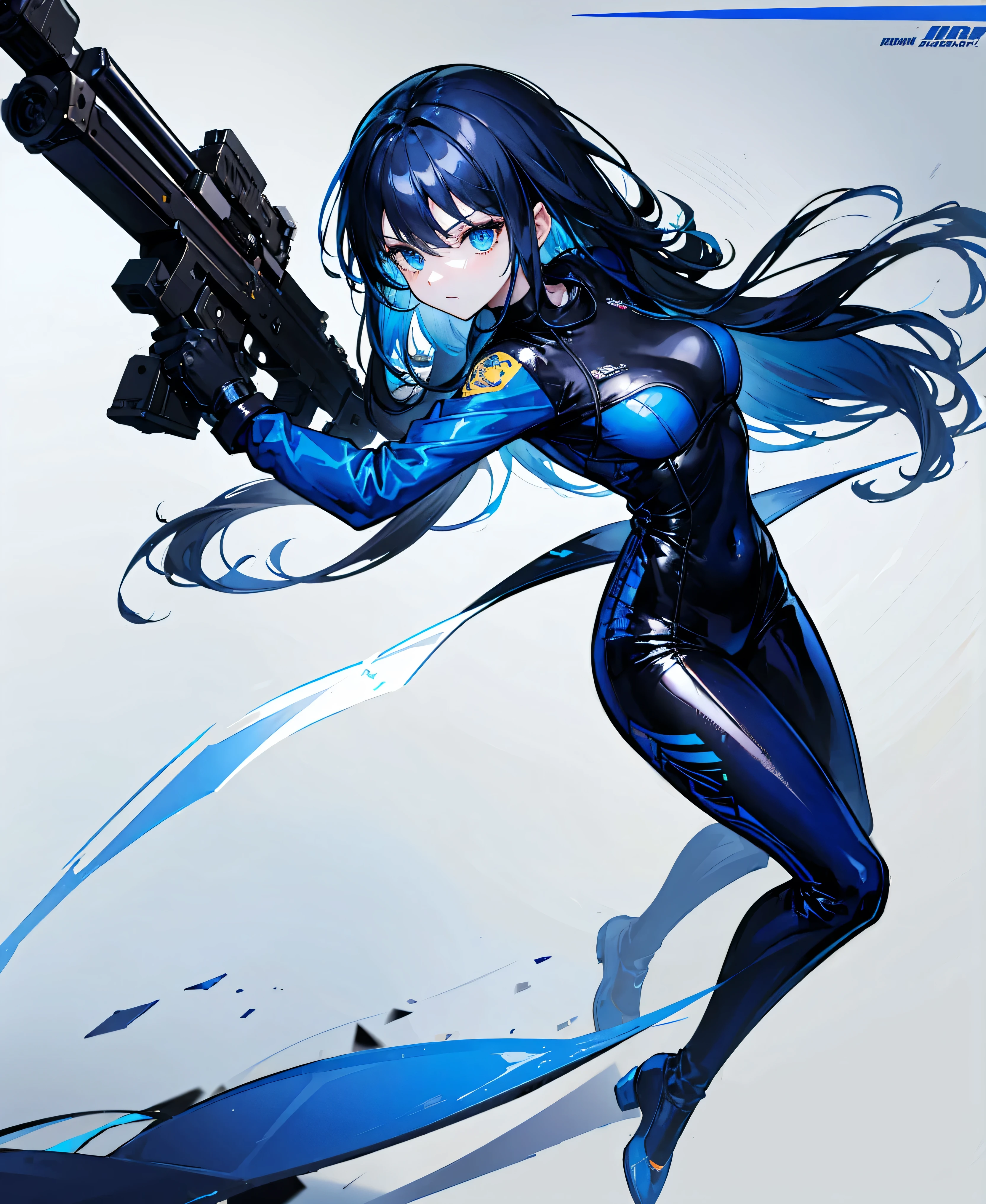 There is no background，girl，Carry a firearm，Patent leather tight suit，Use of firearms，Navy blue long hair，attention arousal，Blue colored eyes,No gradients