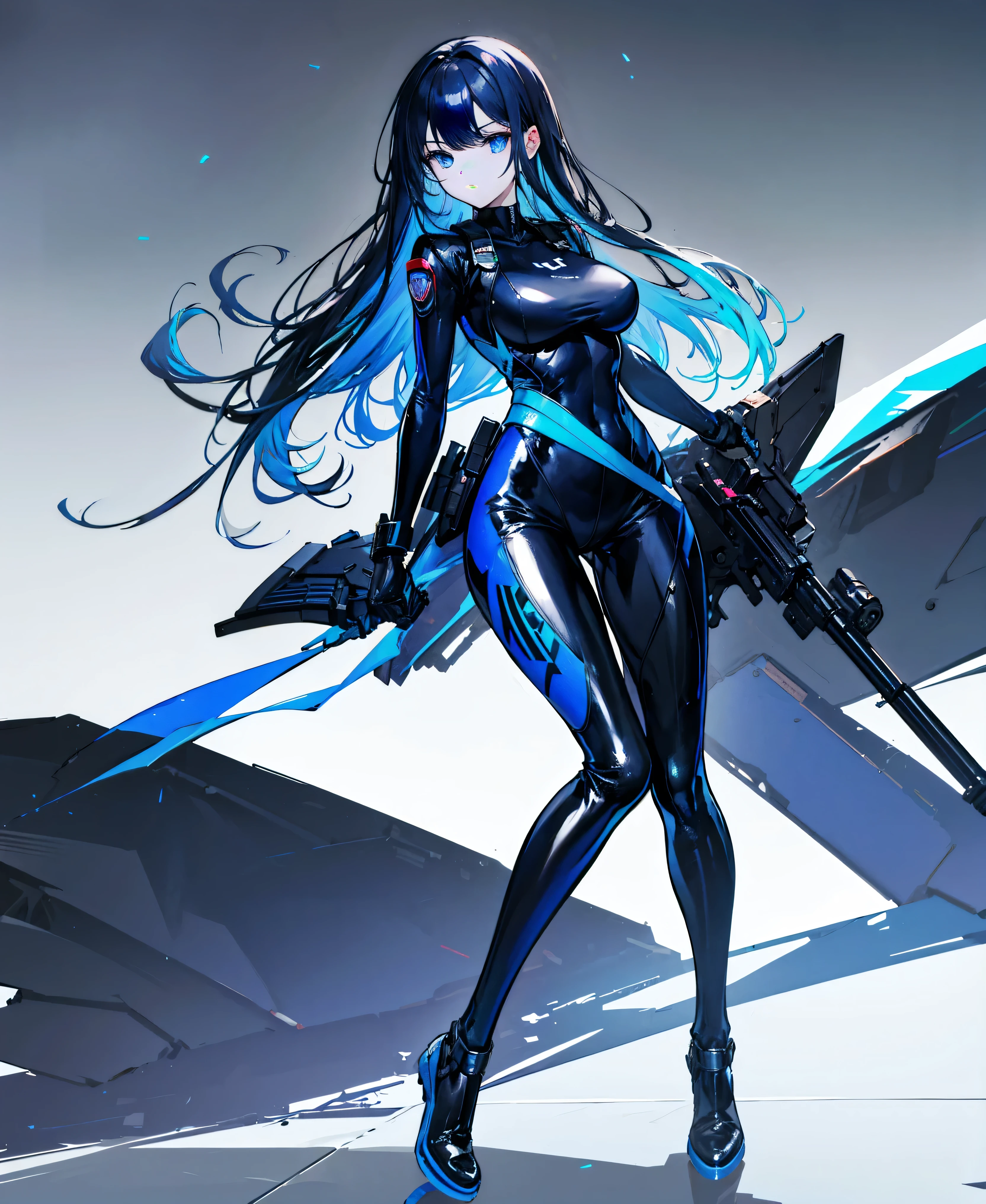 There is no background，girl，Carry a firearm，Patent leather tight suit，Use of firearms，Navy blue long hair，attention arousal，Blue colored eyes,No gradients