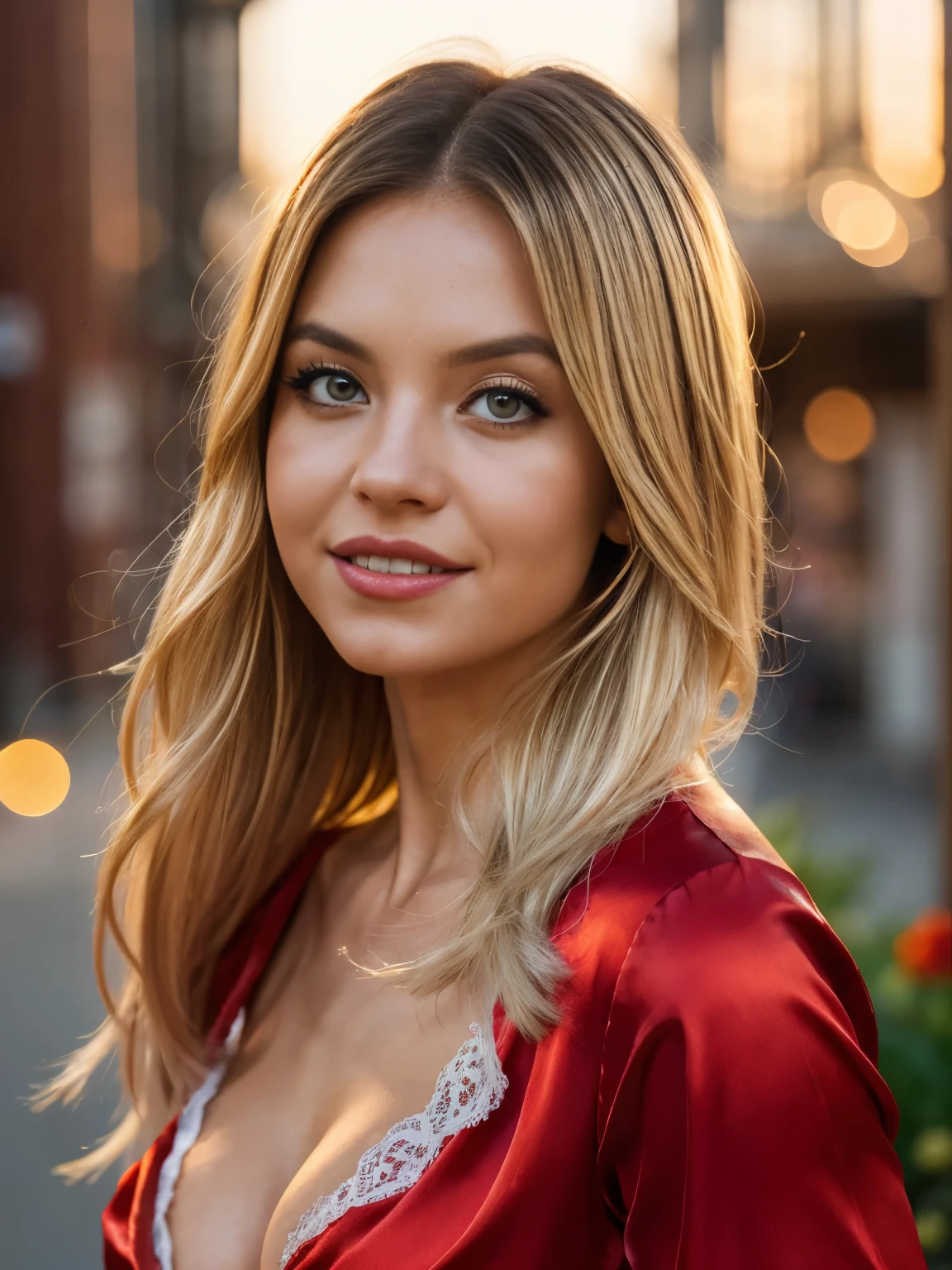 arafed woman, a librarian, professional blonde hairstyle, (red silk blouse:1.3), cleavage, backlight on hair, shallow depth of field, facing the camera, hi-res, 8k, cinematic light, smile, in a old abandoned factory at night, amber twinkle lights in background, romantic lighting, (beautiful flowers surround her:1.2)