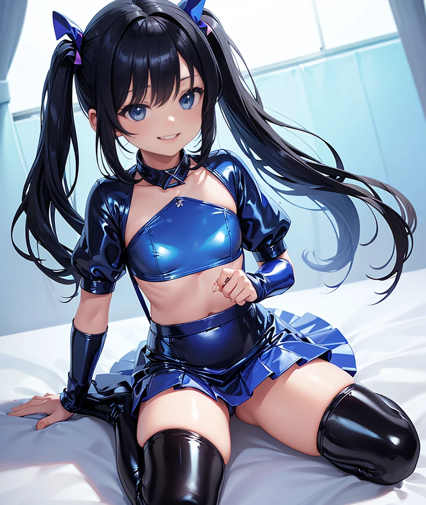 {{{high quality}}}, {{{super realistic}}},{{{best quality}}}, ((beautiful face)),((1 girl)),((solo)),(()),(((loli))),((sht girl)),((small breasts)),((latex,blue nurse costume)),(blue latex skirt,mini skirt),(blue over-kneehighs),(black hair, twintails),(ultra-detailed),((full body)),((sadistic smile)),((sadistic girl)),((look down))